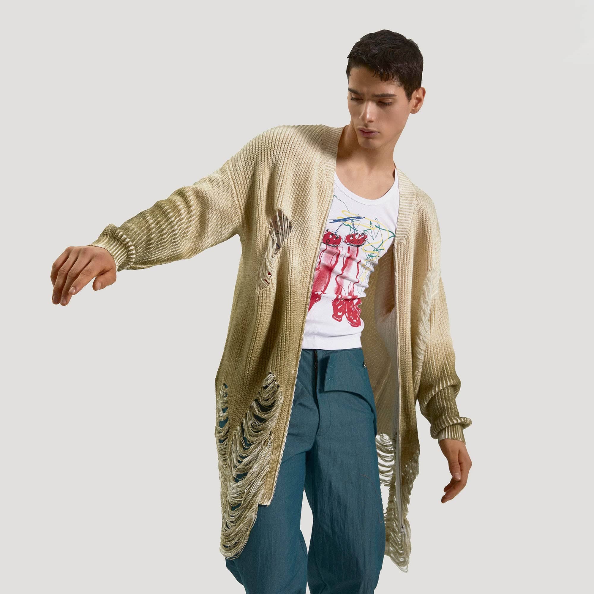 KADAKADA Heavily Distressed Gradient Long Knit Cardigan