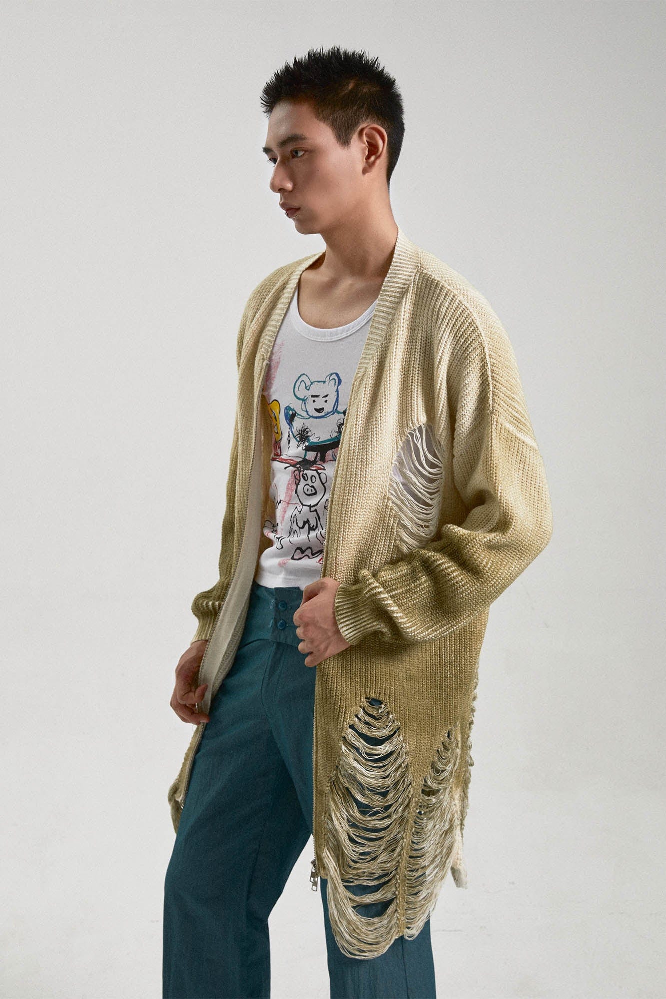 KADAKADA Heavily Distressed Gradient Long Knit Cardigan