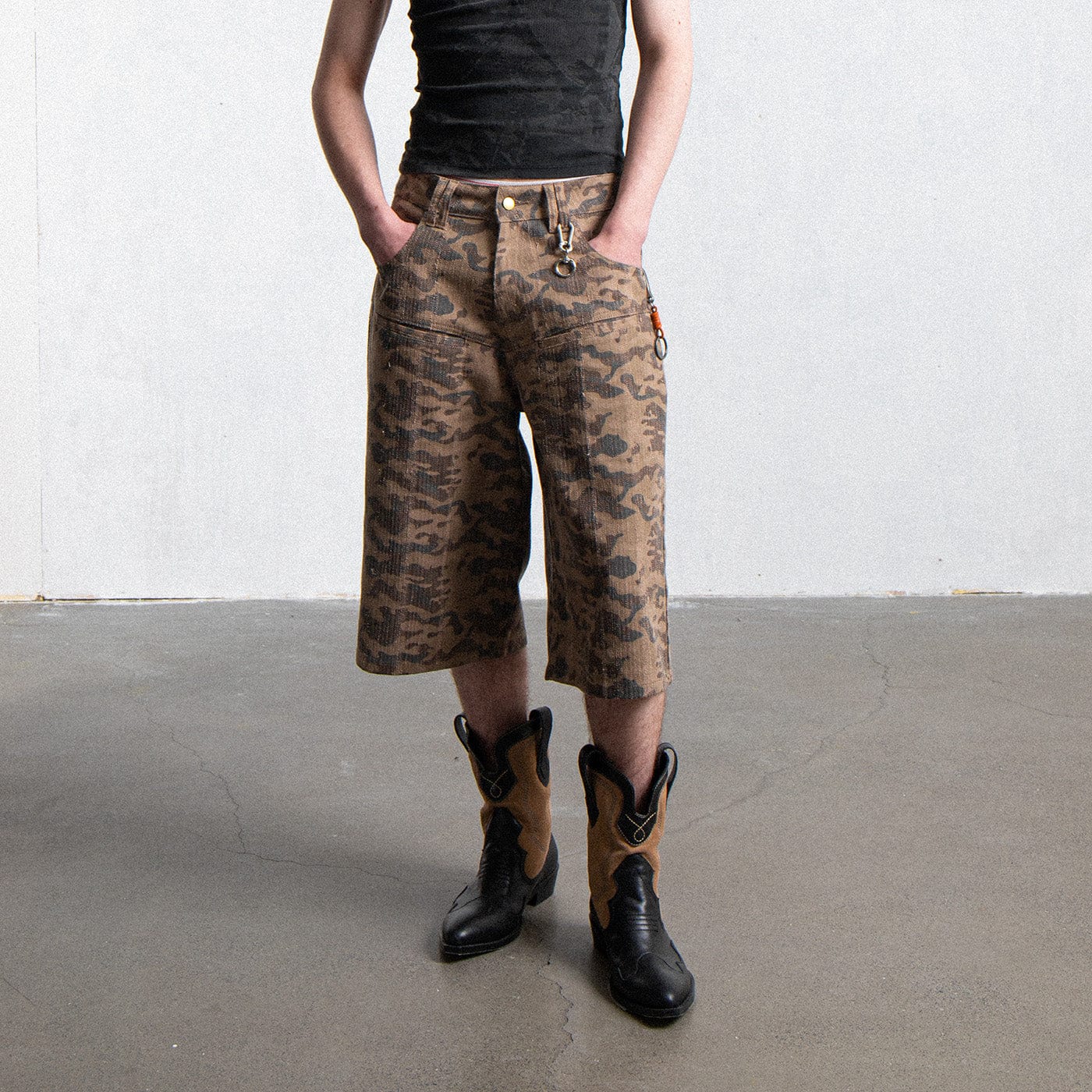 LEONSENSE Deconstructed Camo Cargo Shorts, premium urban and streetwear designers apparel on PROJECTISR.com, LEONSENSE