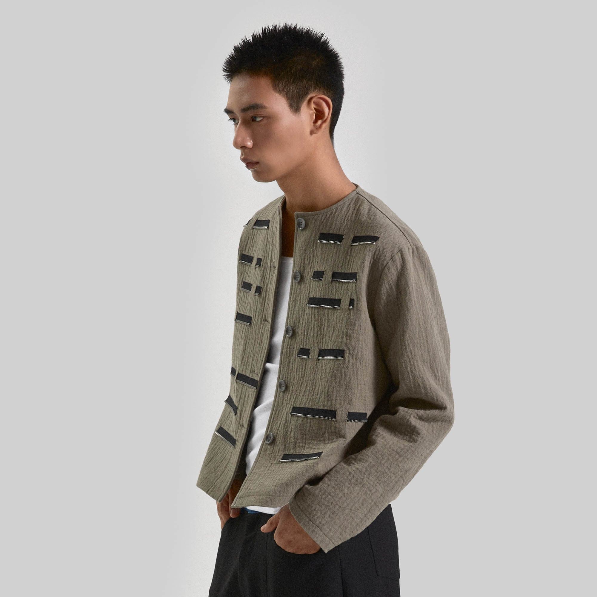 KADAKADA Segmented Zipper Paneled Round Collar Jacket