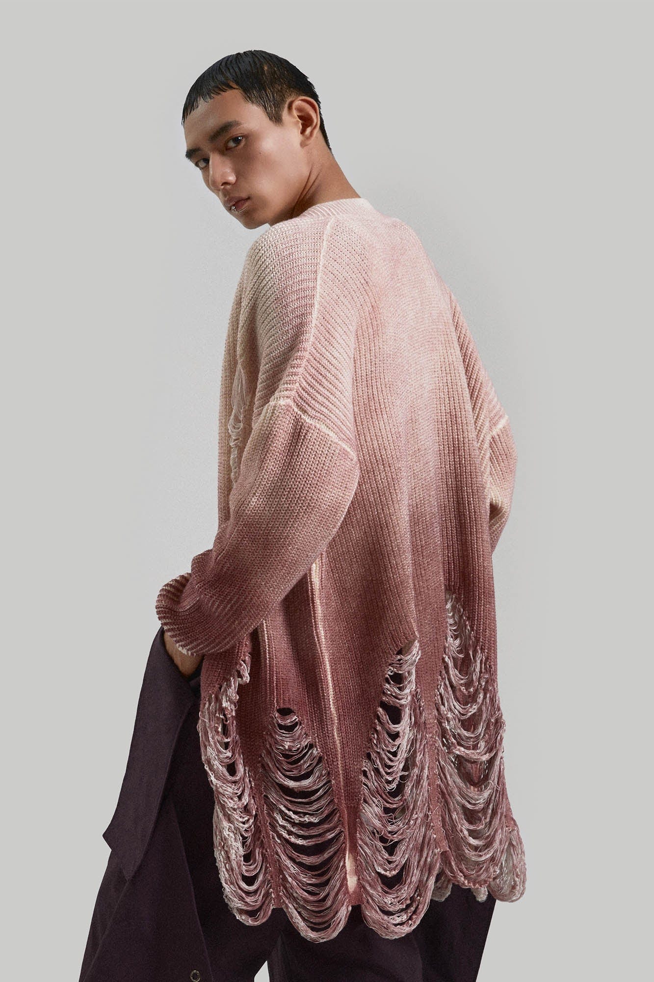 KADAKADA Heavily Distressed Gradient Long Knit Cardigan