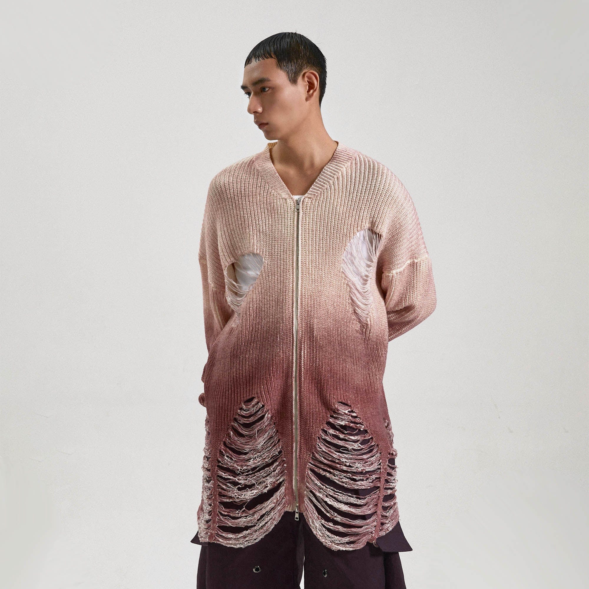 KADAKADA Heavily Distressed Gradient Long Knit Cardigan