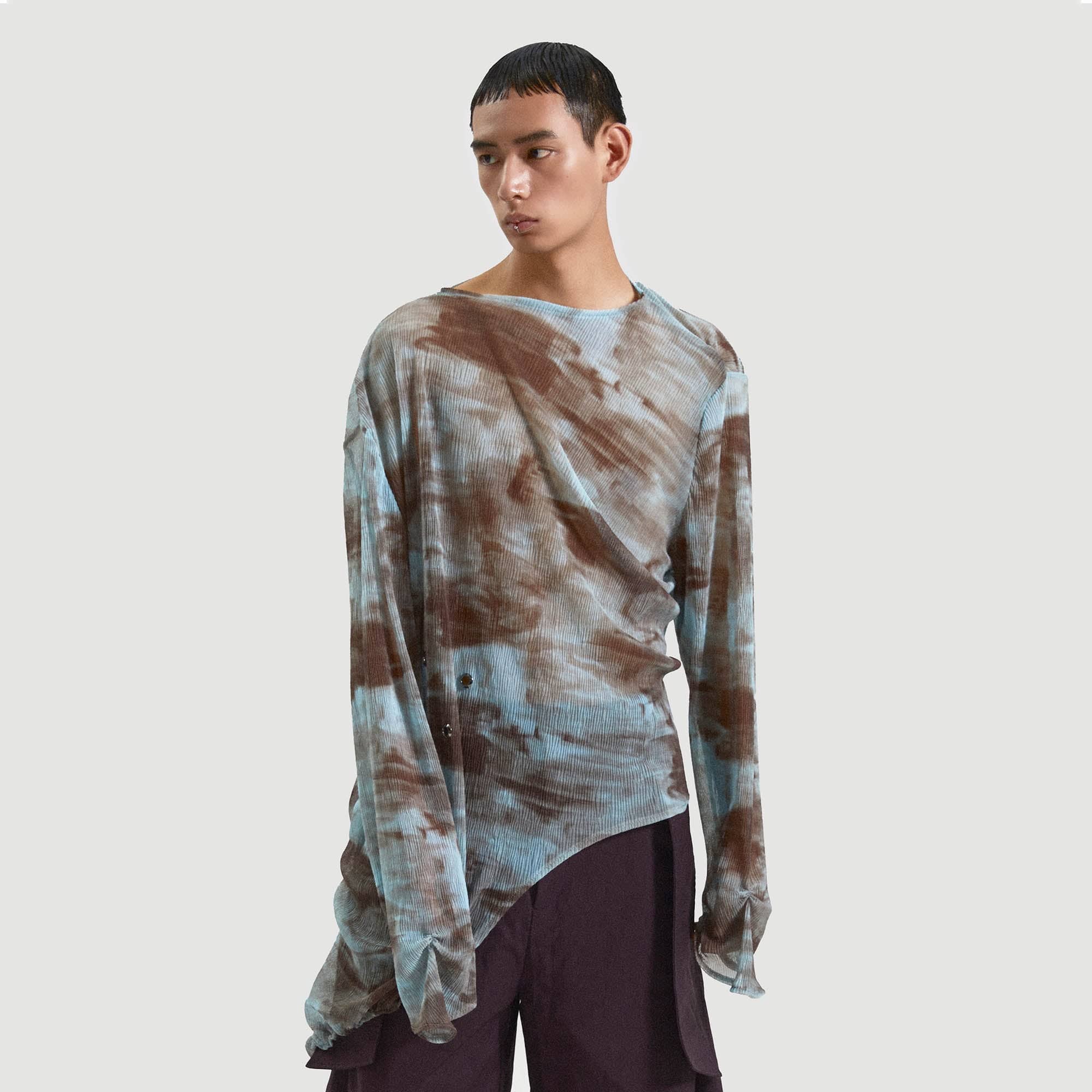 KADAKADA Tie-Dye Mesh Asymmetrical Sheer L/S Tee