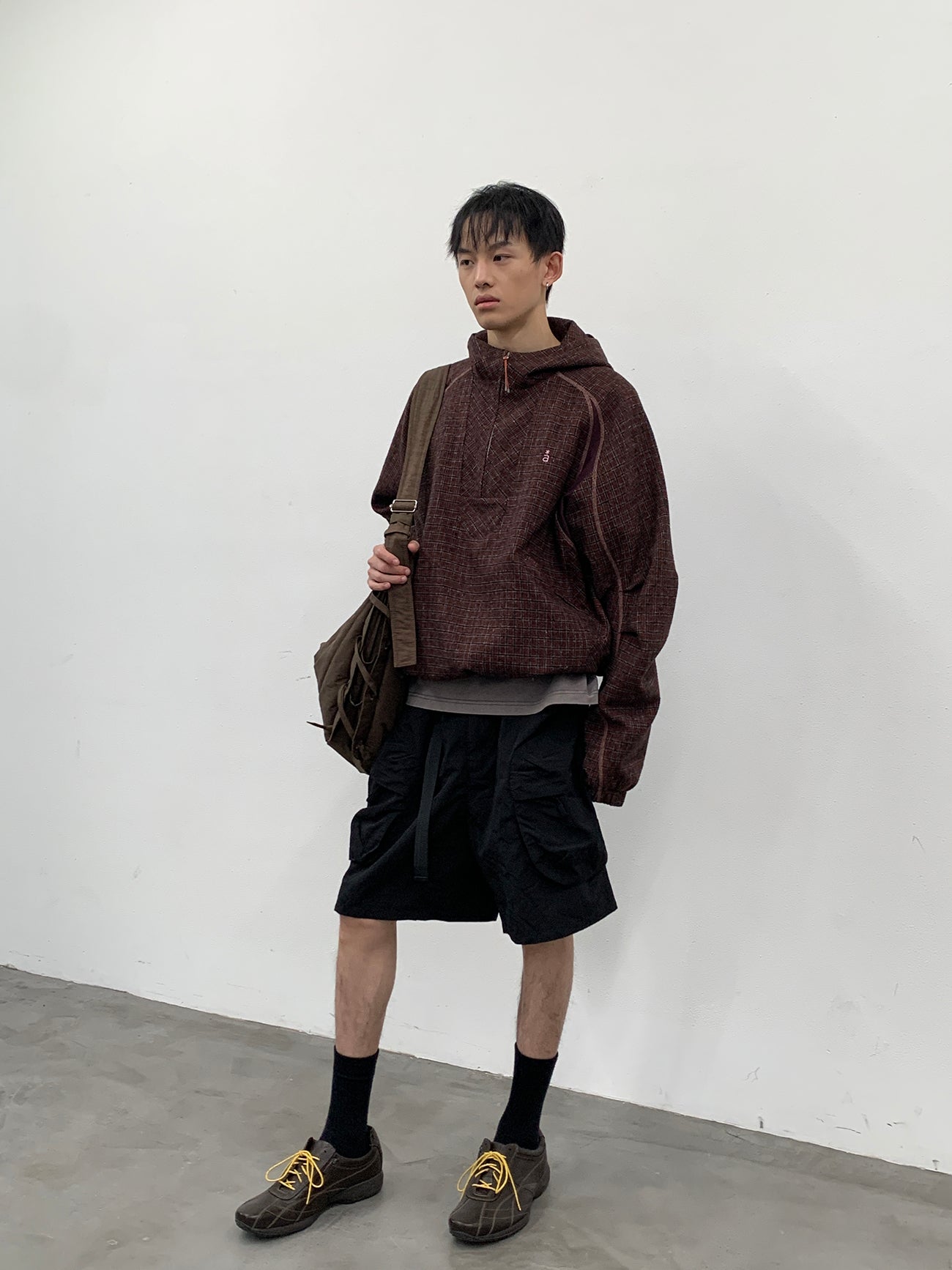 ROARINGWILD A ARCH Plaid Paneled Half-Zip Hooded Jacket