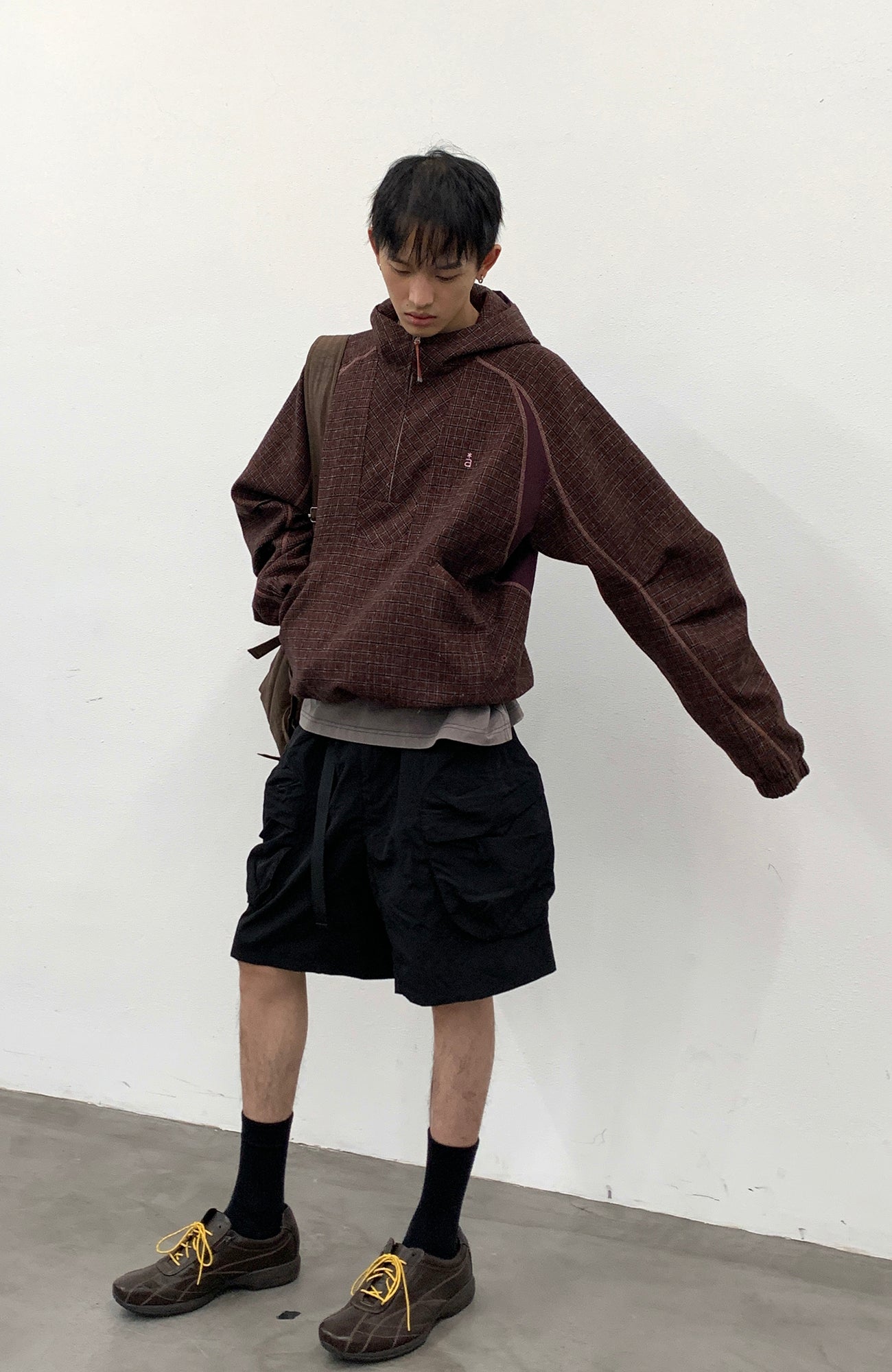 ROARINGWILD A ARCH Plaid Paneled Half-Zip Hooded Jacket