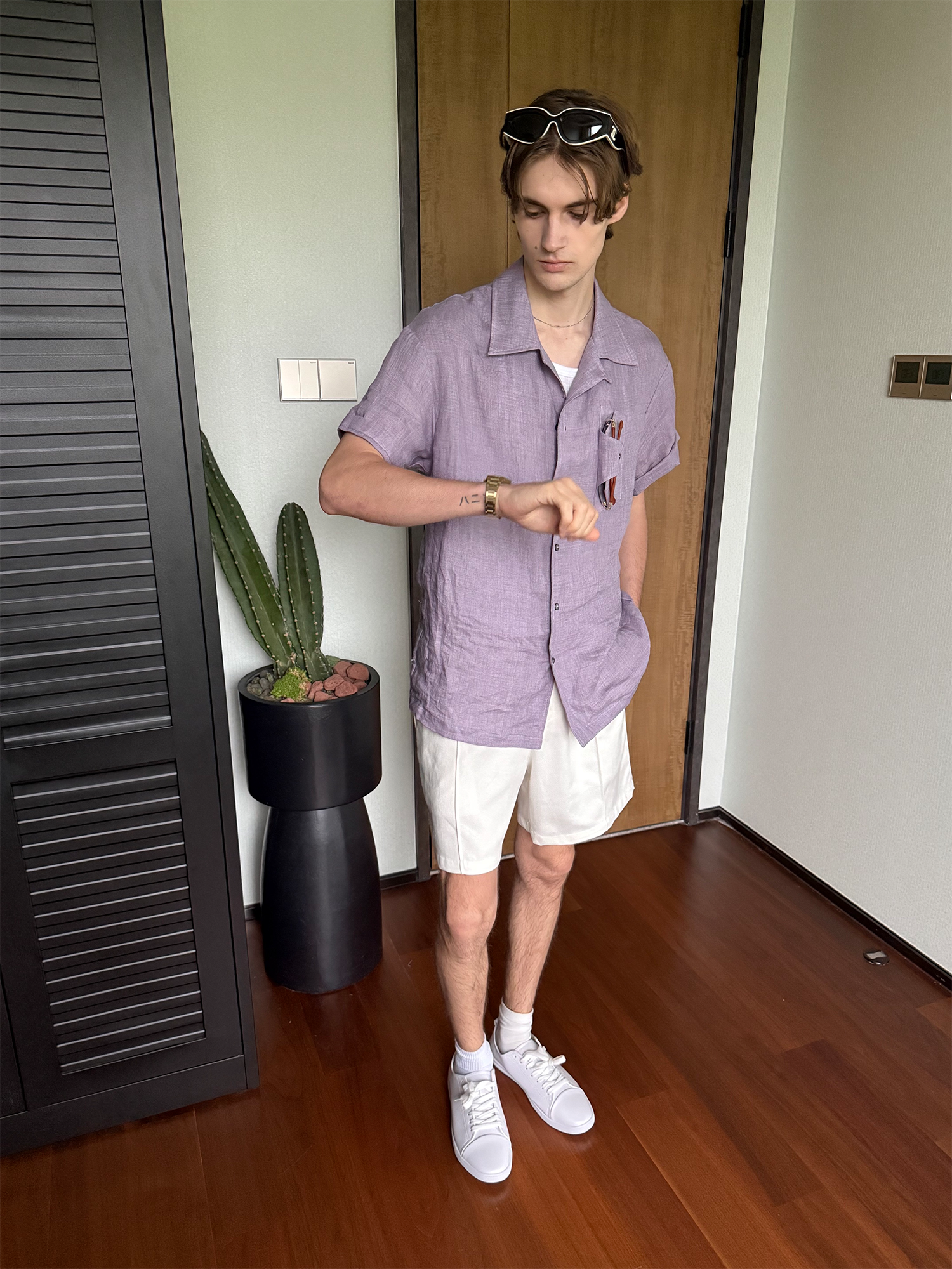 ASSEEN Linen Glasses Pocket Half Shirt