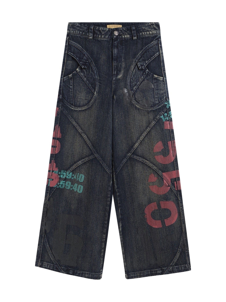 DND4DES Spliced Graffiti Wide-Leg Jeans, premium urban and streetwear designers apparel on PROJECTISR.com, DND4DES