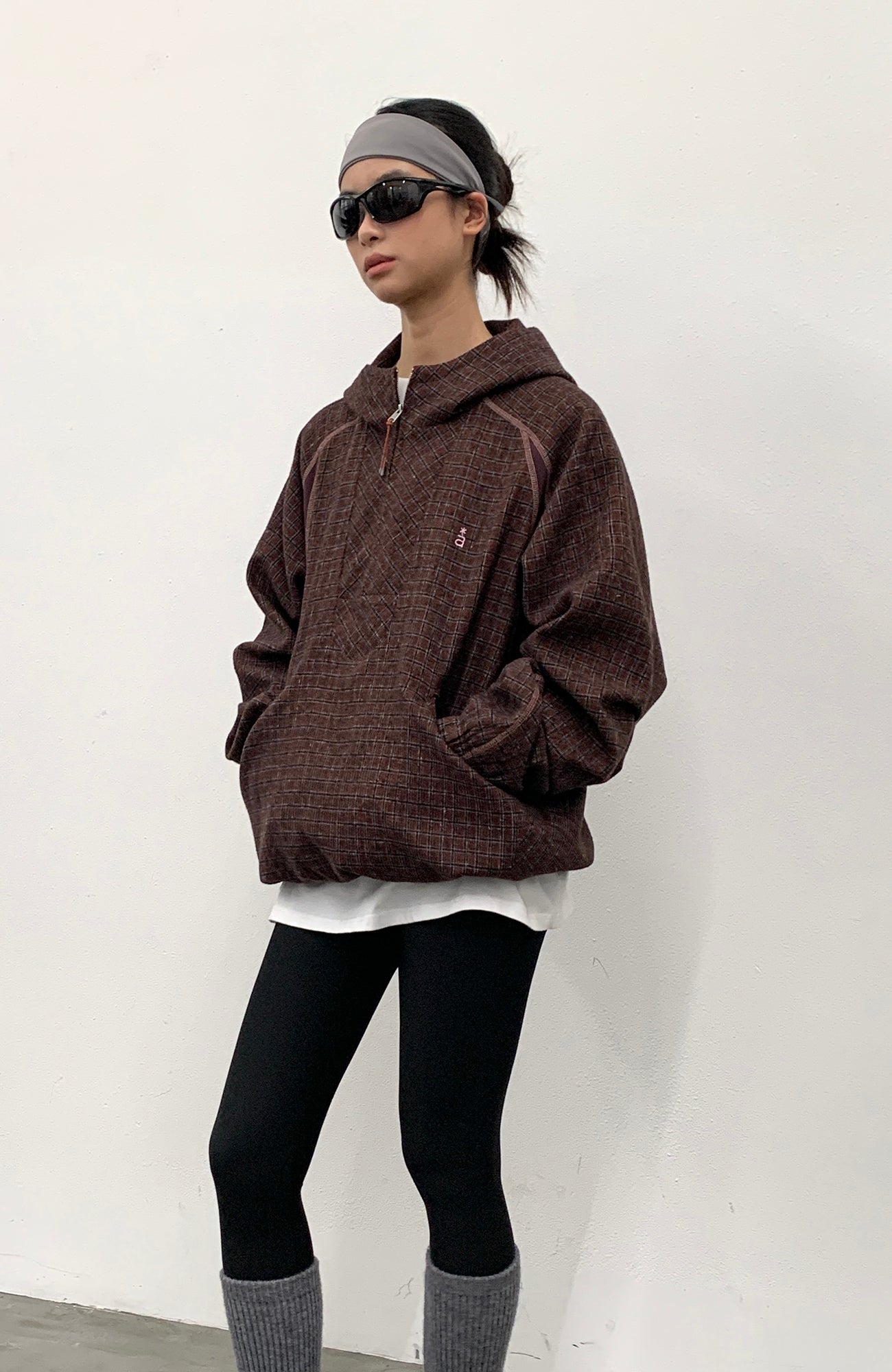 ROARINGWILD A ARCH Plaid Paneled Half-Zip Hooded Jacket