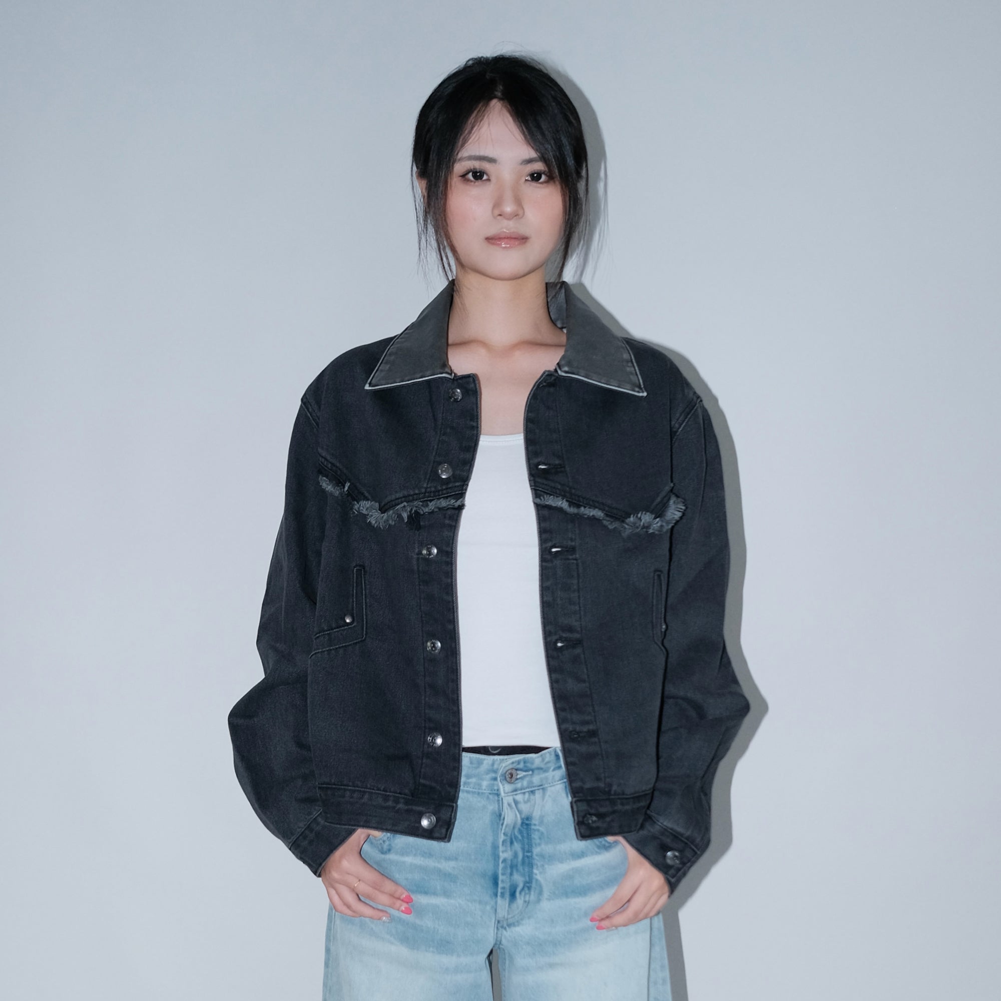 IN EXISTENCE Frayed PU Collar Denim Jacket