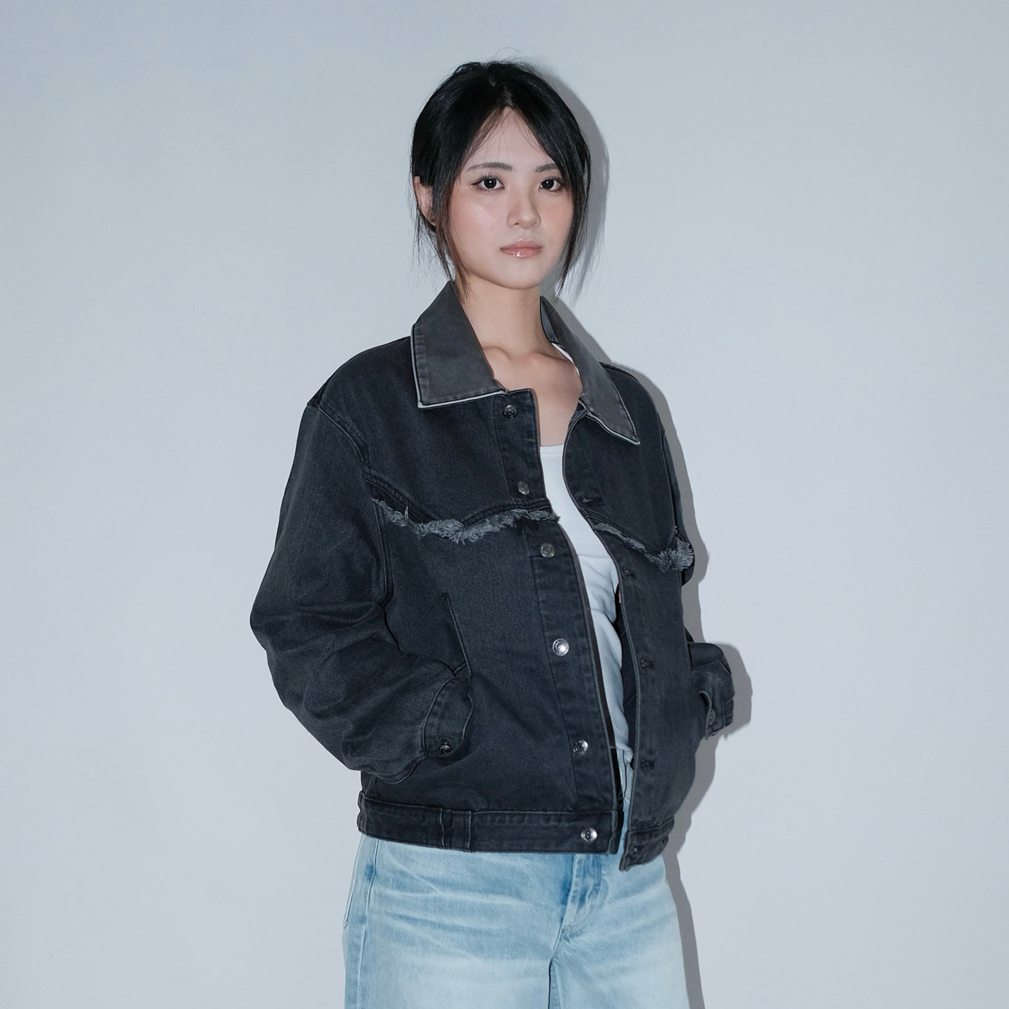 IN EXISTENCE Frayed PU Collar Denim Jacket