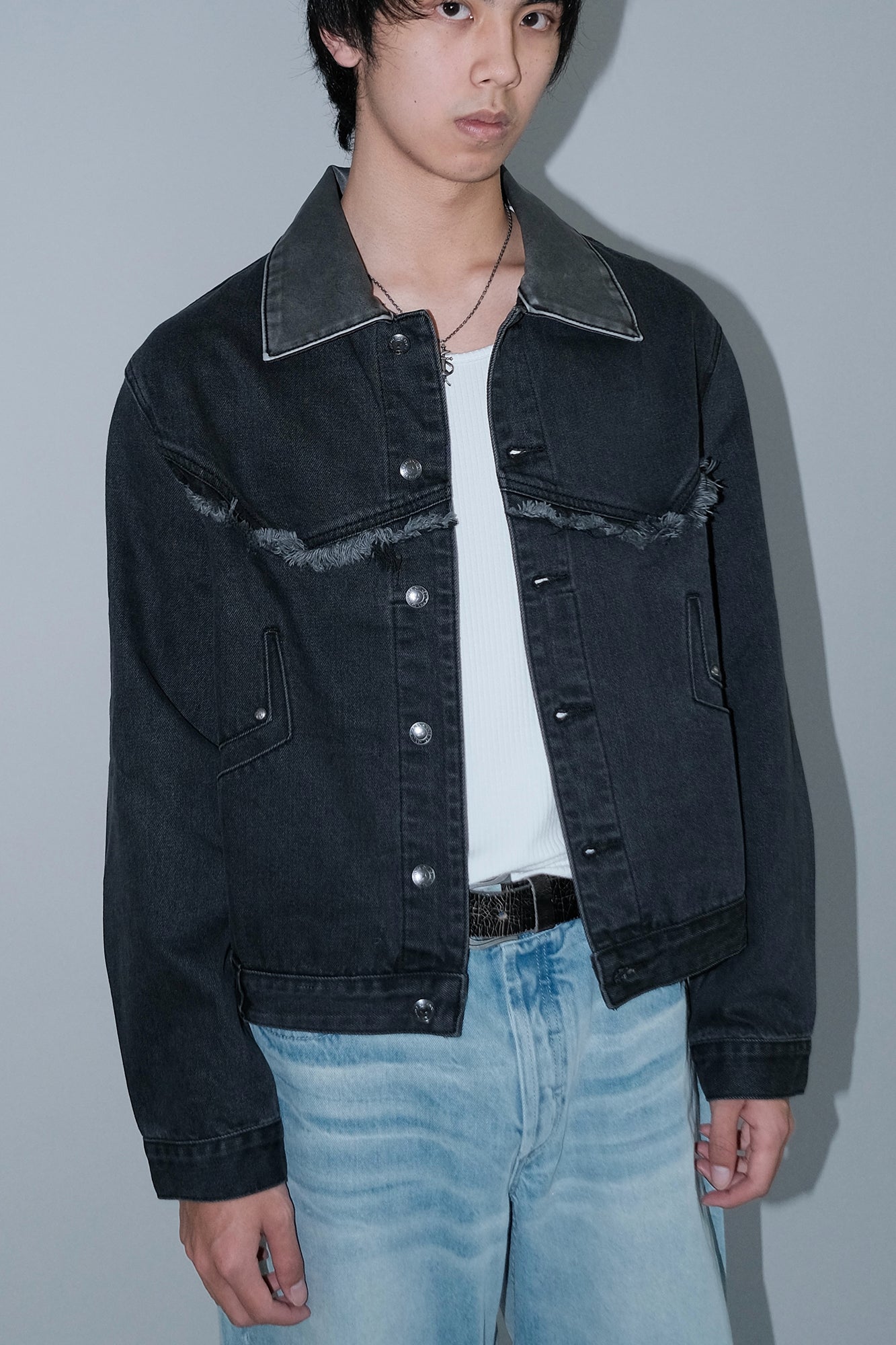 IN EXISTENCE Frayed PU Collar Denim Jacket
