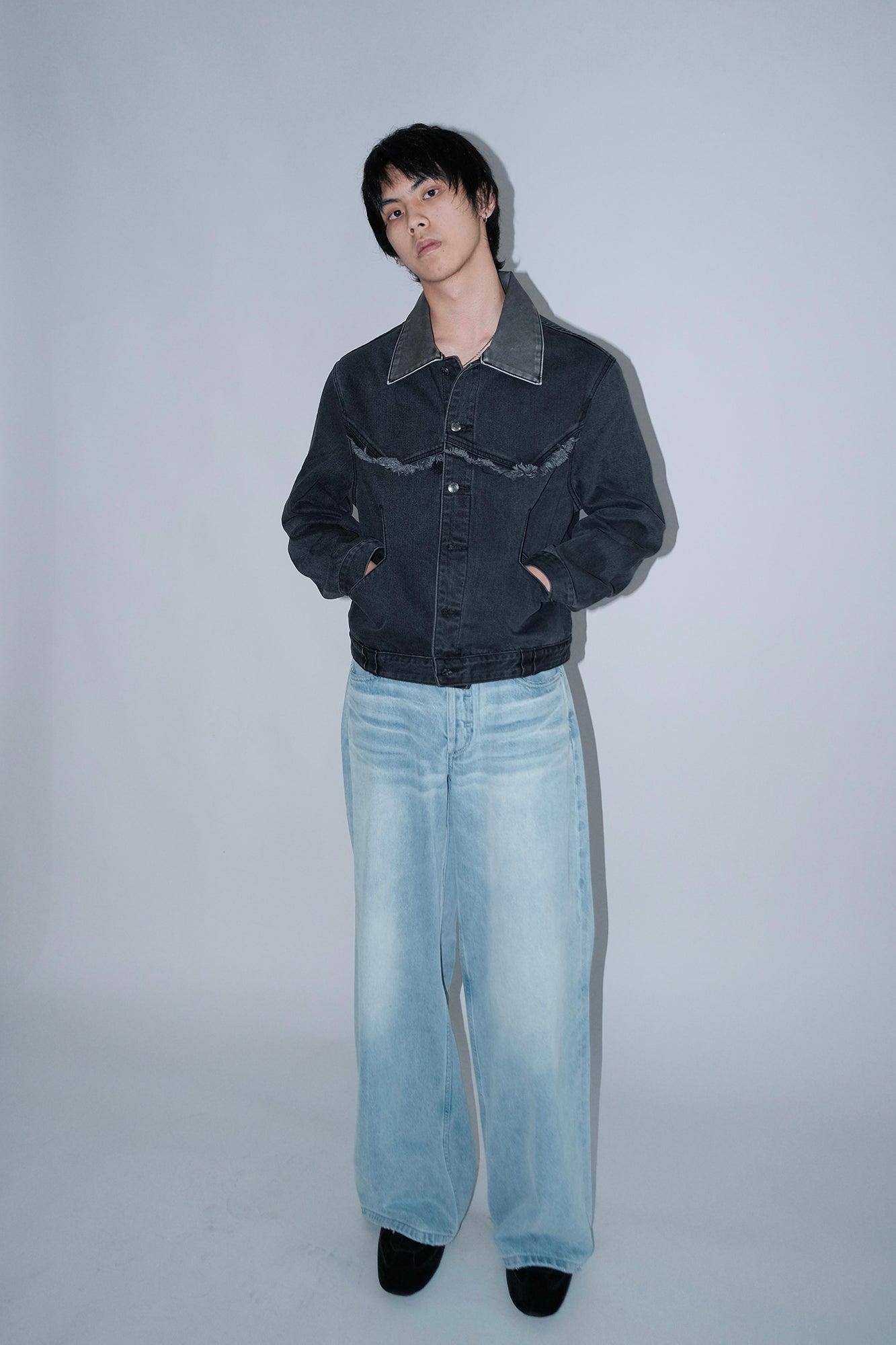 IN EXISTENCE Frayed PU Collar Denim Jacket