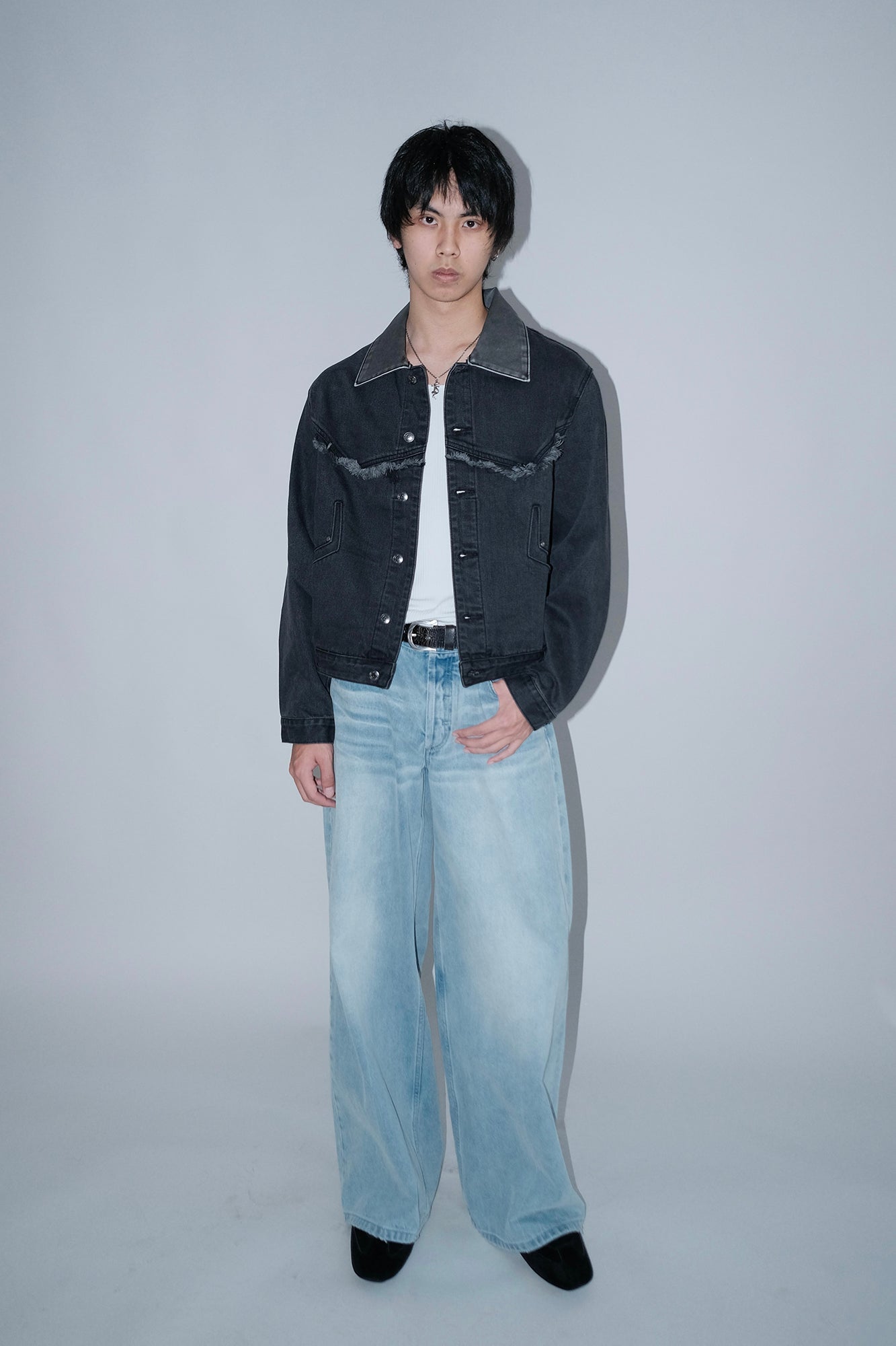 IN EXISTENCE Frayed PU Collar Denim Jacket