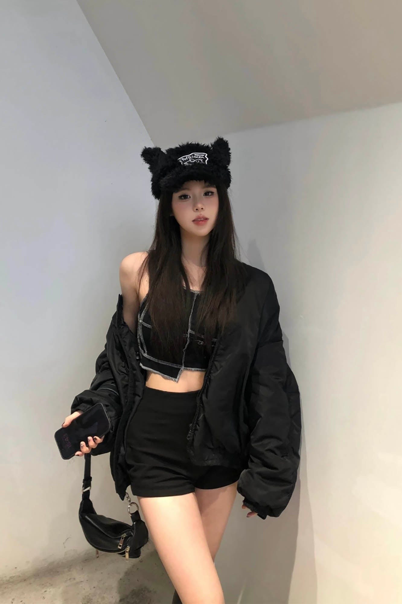 TWINBUTA Furry Ear Embroidered Cap Black
