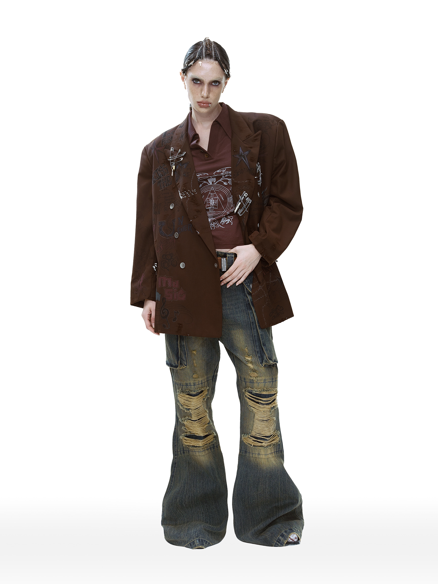CYCYCY Distressed Big-Pocket Flared Jeans