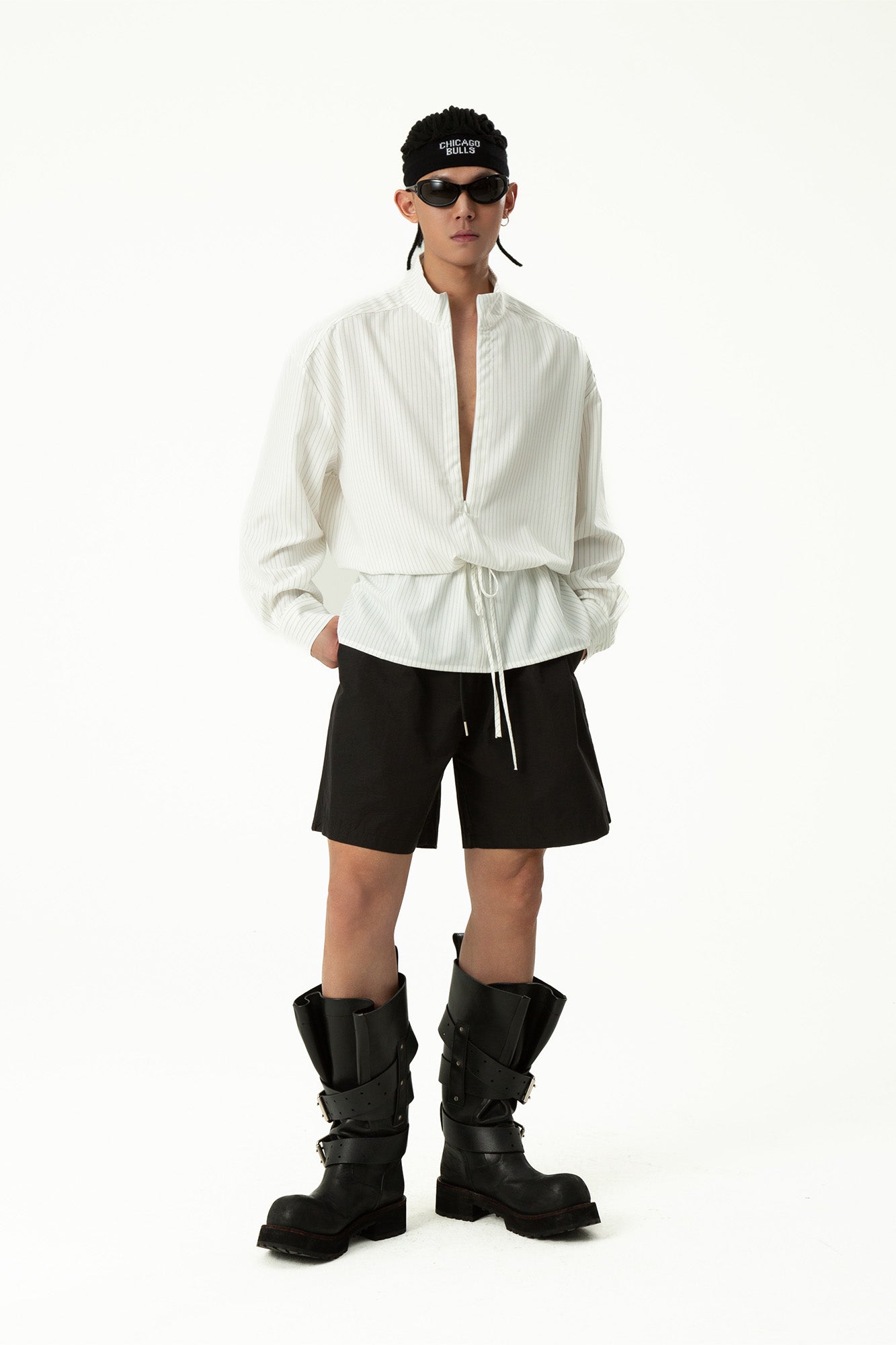 CLP Drawstring Waist Striped V-Neck Shirt, premium urban and streetwear designers apparel on PROJECTISR.com, CLP