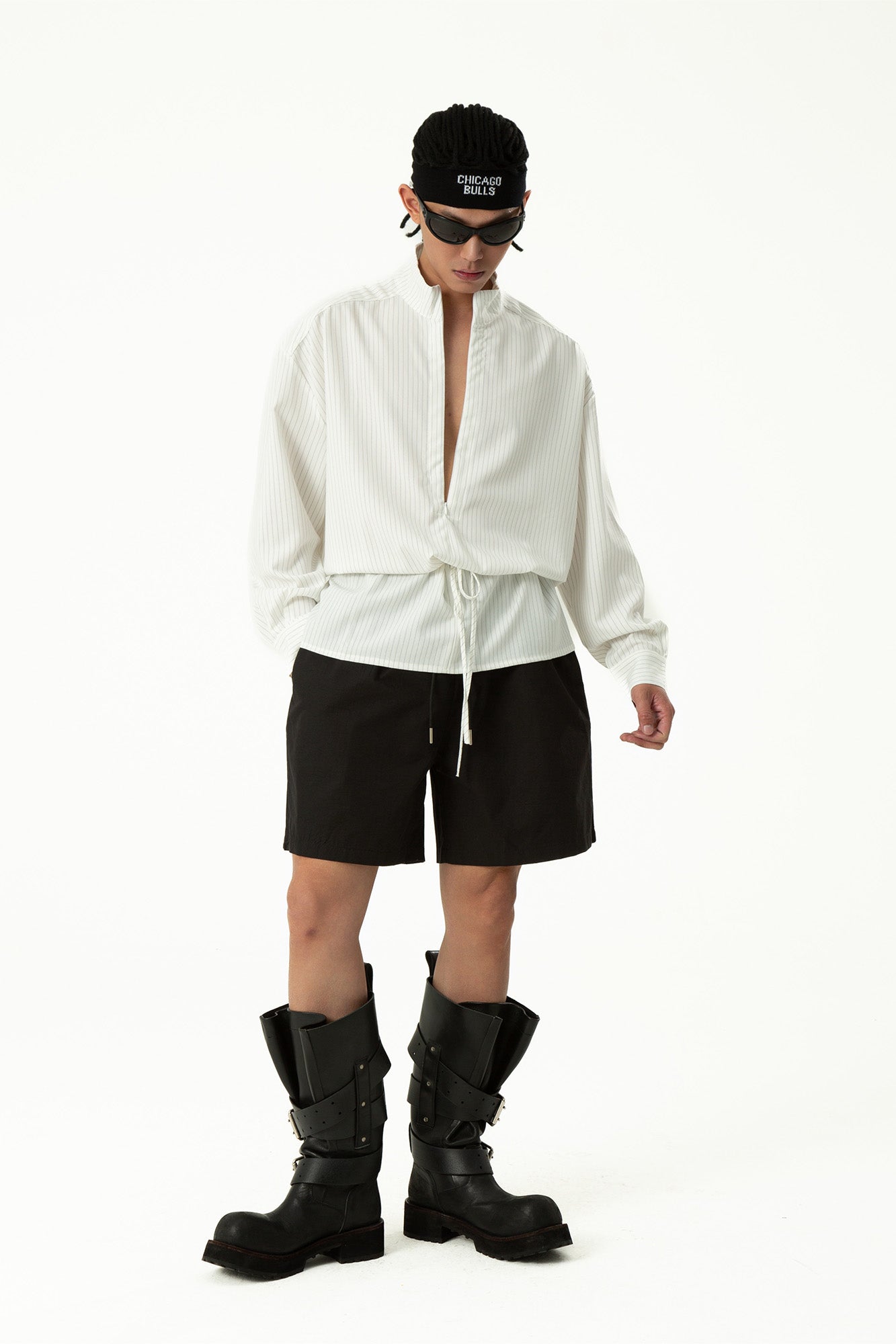 CLP Drawstring Waist Striped V-Neck Shirt, premium urban and streetwear designers apparel on PROJECTISR.com, CLP