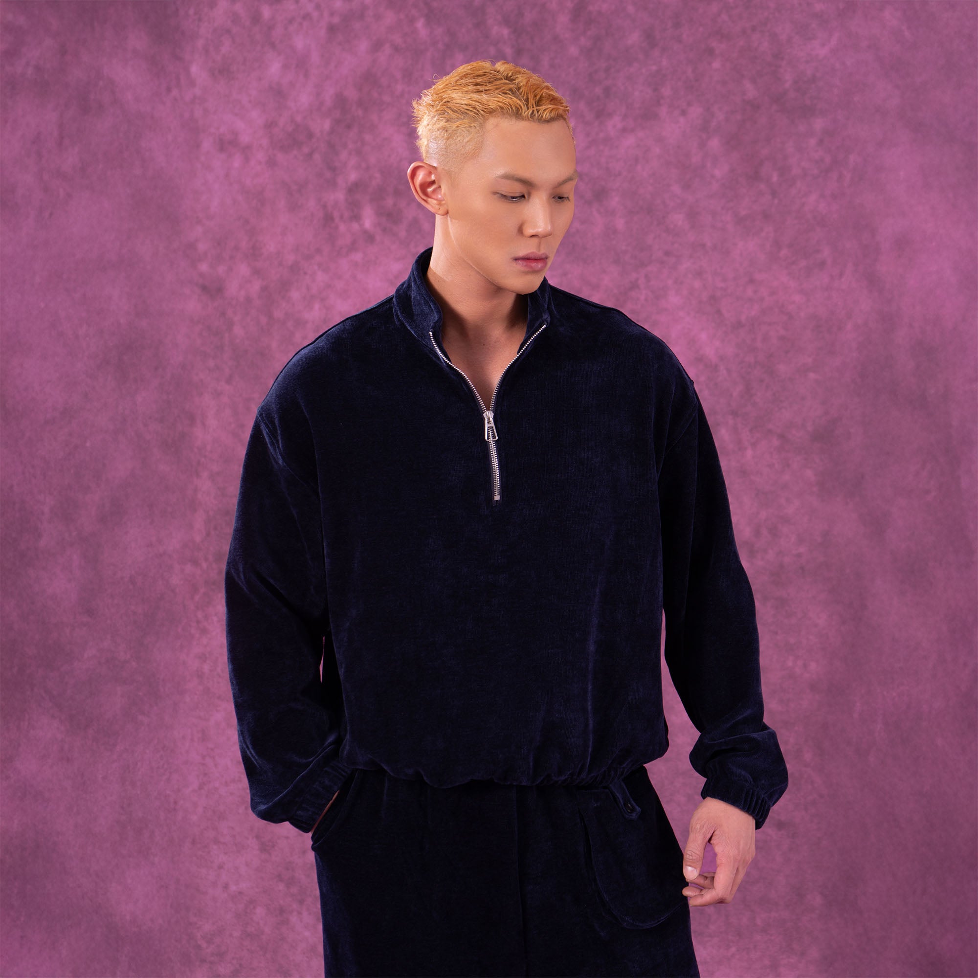 CLP Corduroy Elastic-Hem Half-Zip Pullover
