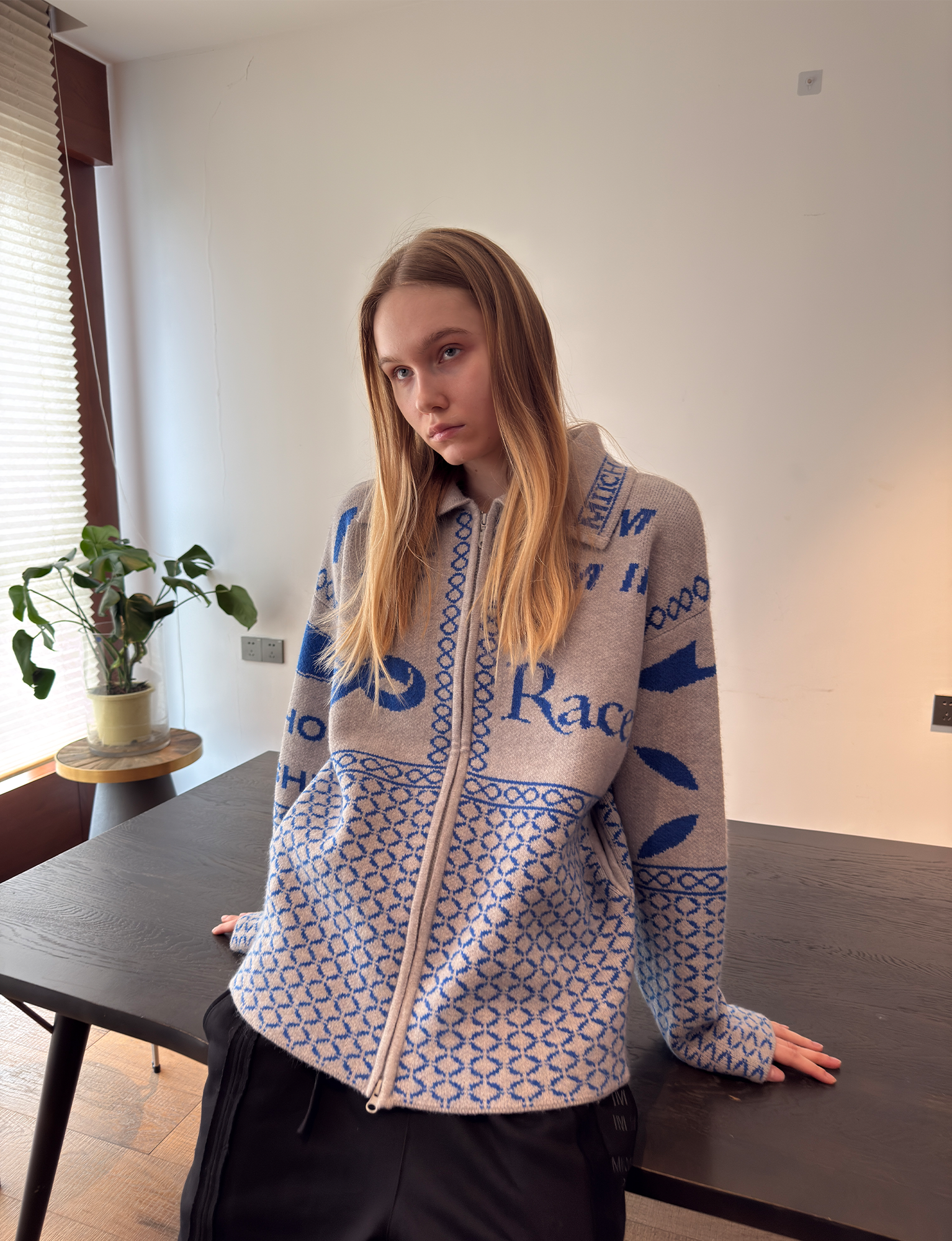 MIICHOUS Racer Geometric Jacquard Zip-Up Cardigan