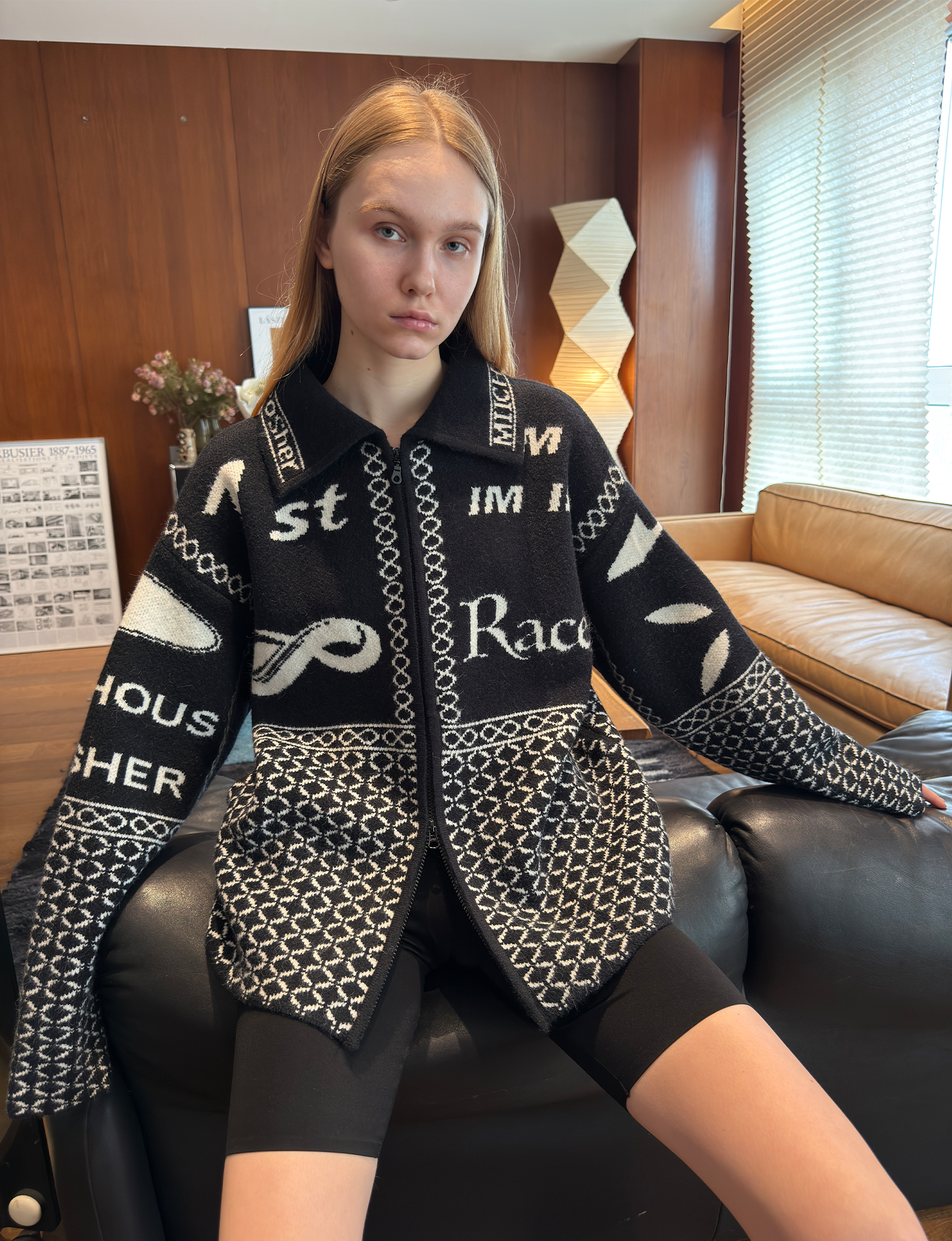 MIICHOUS Racer Geometric Jacquard Zip-Up Cardigan