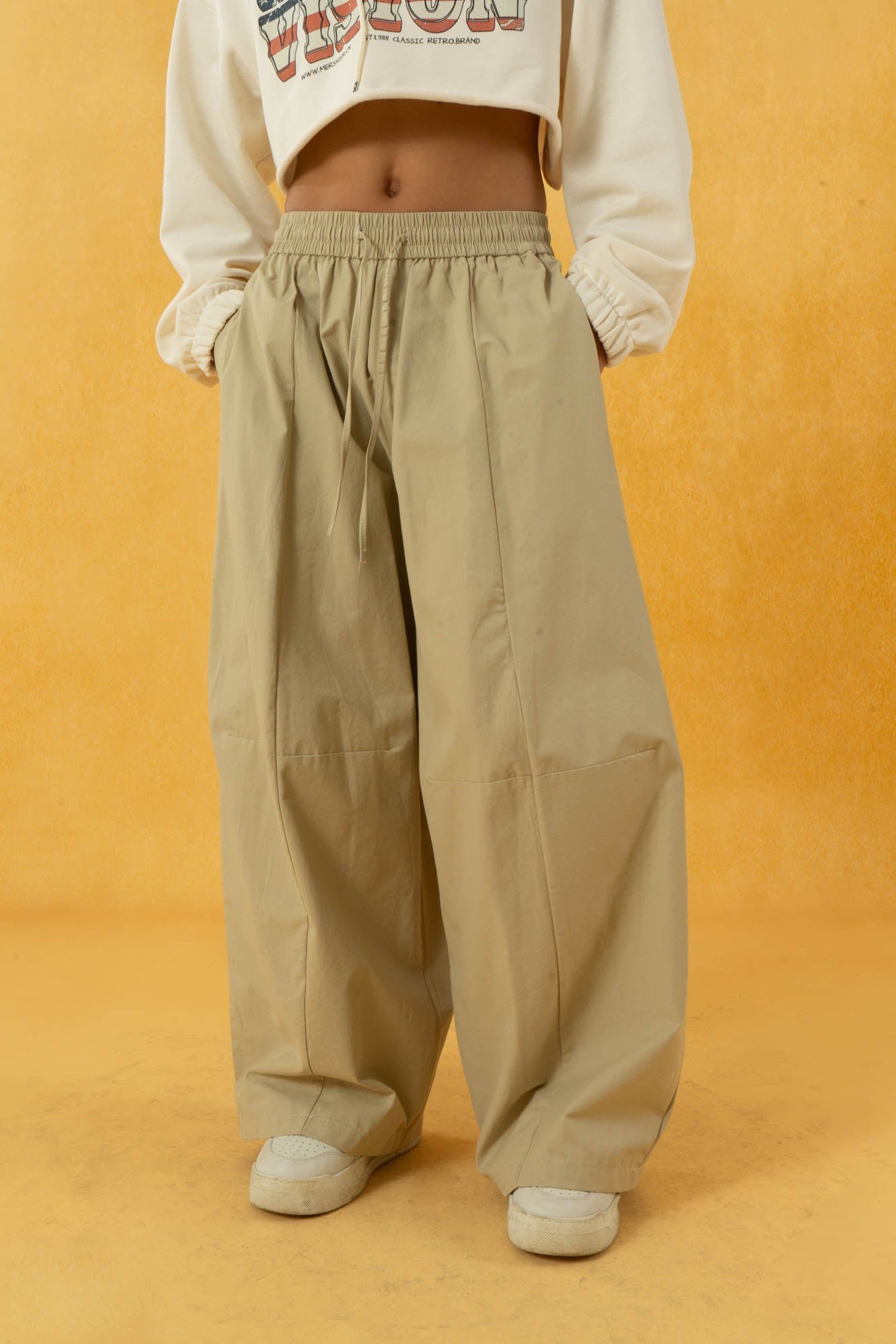 CLP Spliced Pleated Drawstring Wide-Leg Pants