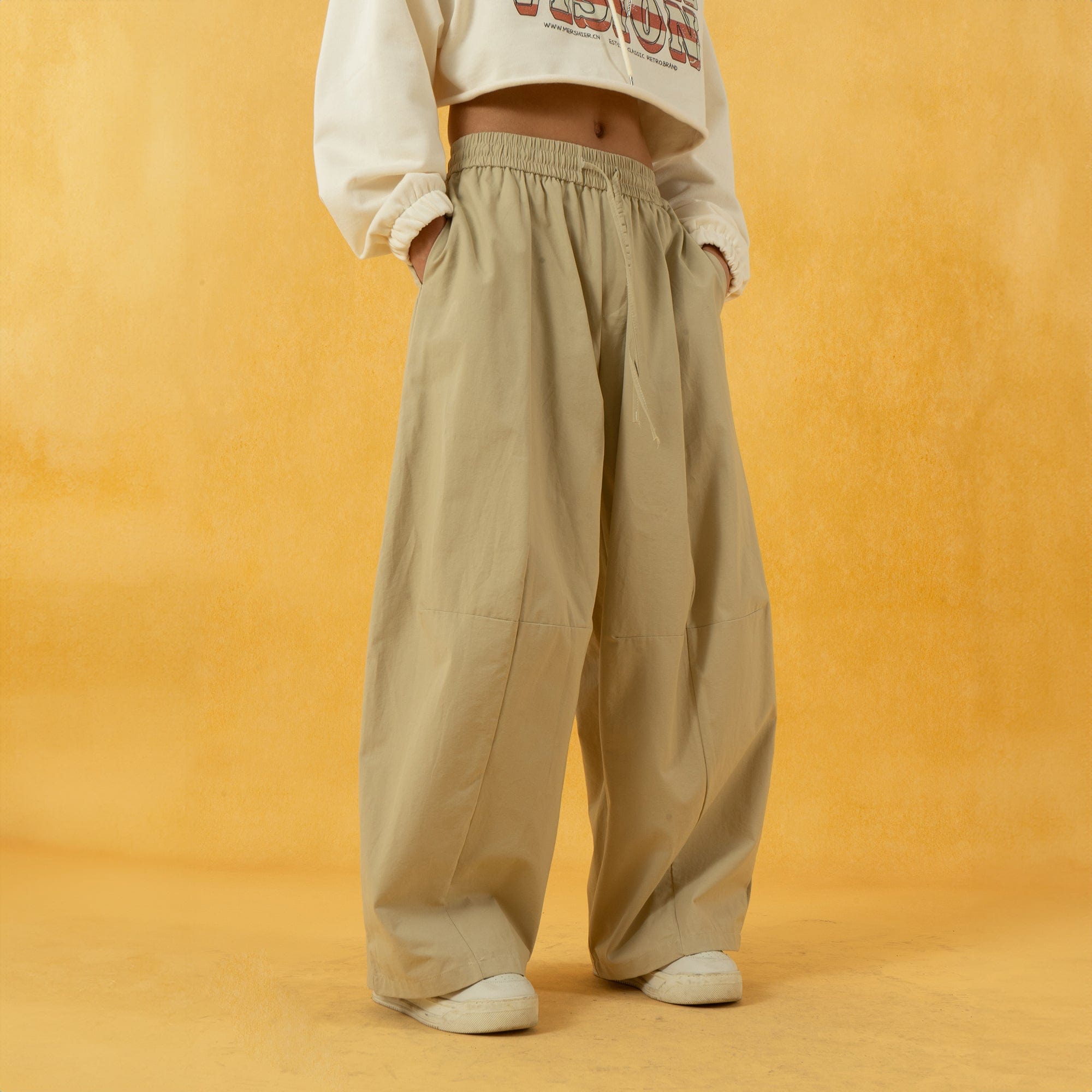 CLP Spliced Pleated Drawstring Wide-Leg Pants