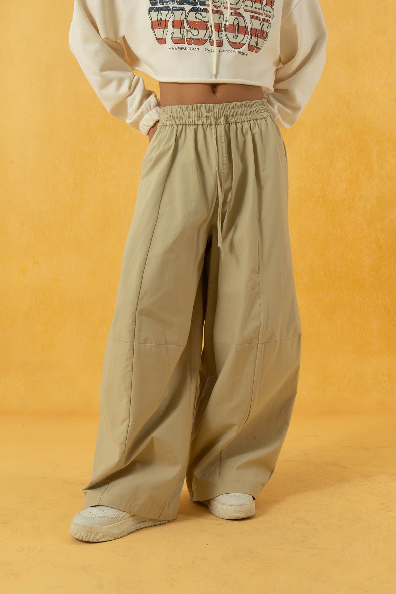 CLP Spliced Pleated Drawstring Wide-Leg Pants