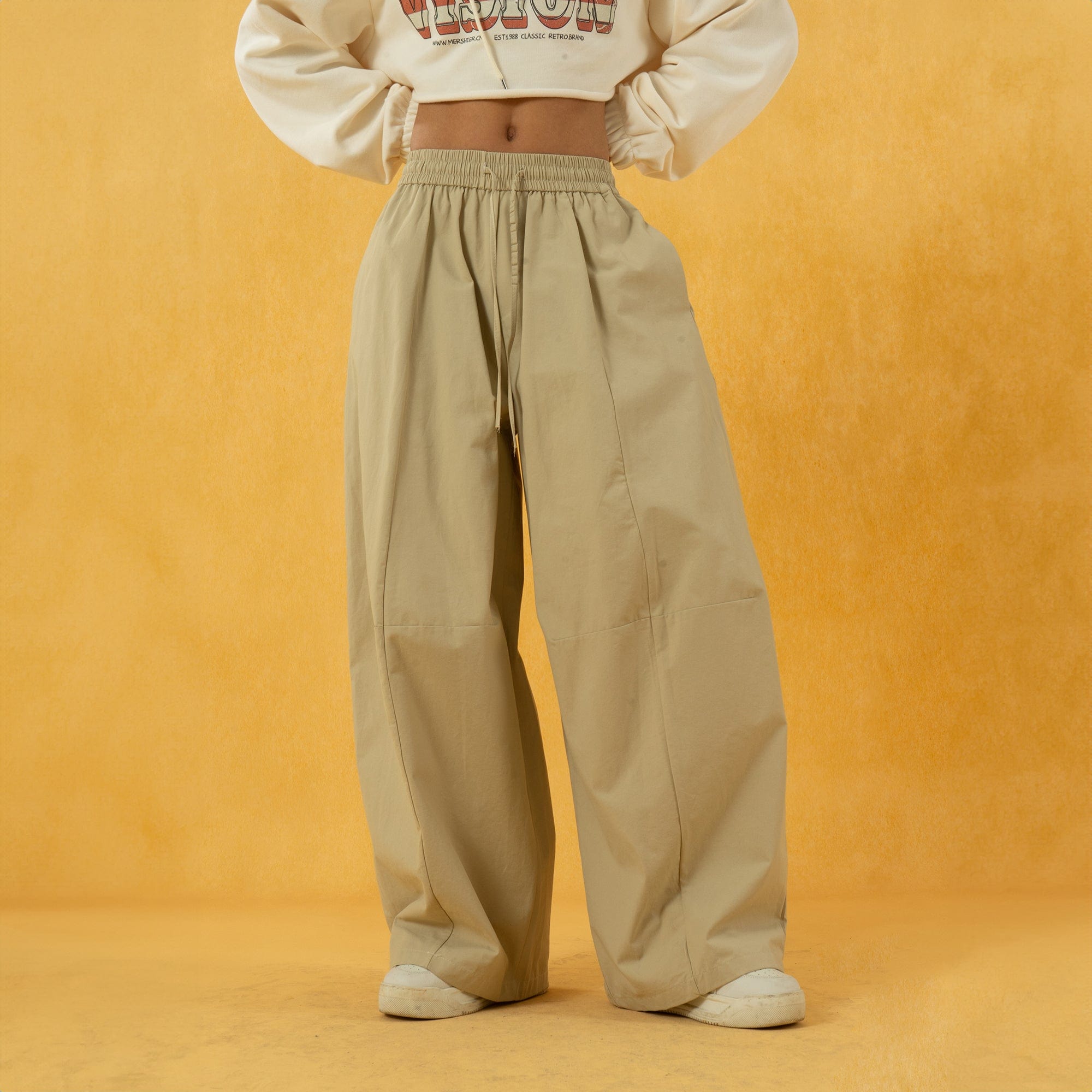 CLP Spliced Pleated Drawstring Wide-Leg Pants