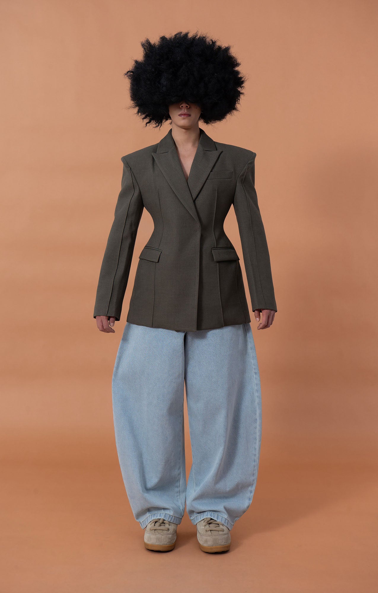CLP Cinched-Waist Padded Shoulder Blazer Brown, premium urban and streetwear designers apparel on PROJECTISR.com, CLP