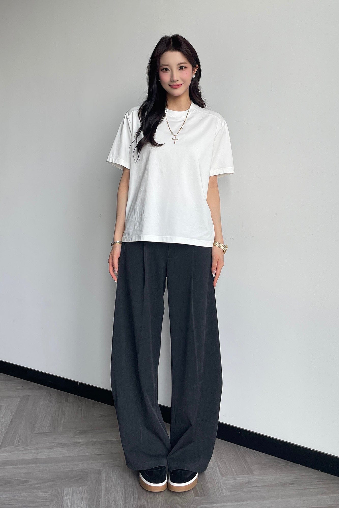 OKAYTHXBYE Pleated Curved Wide-Leg Trousers