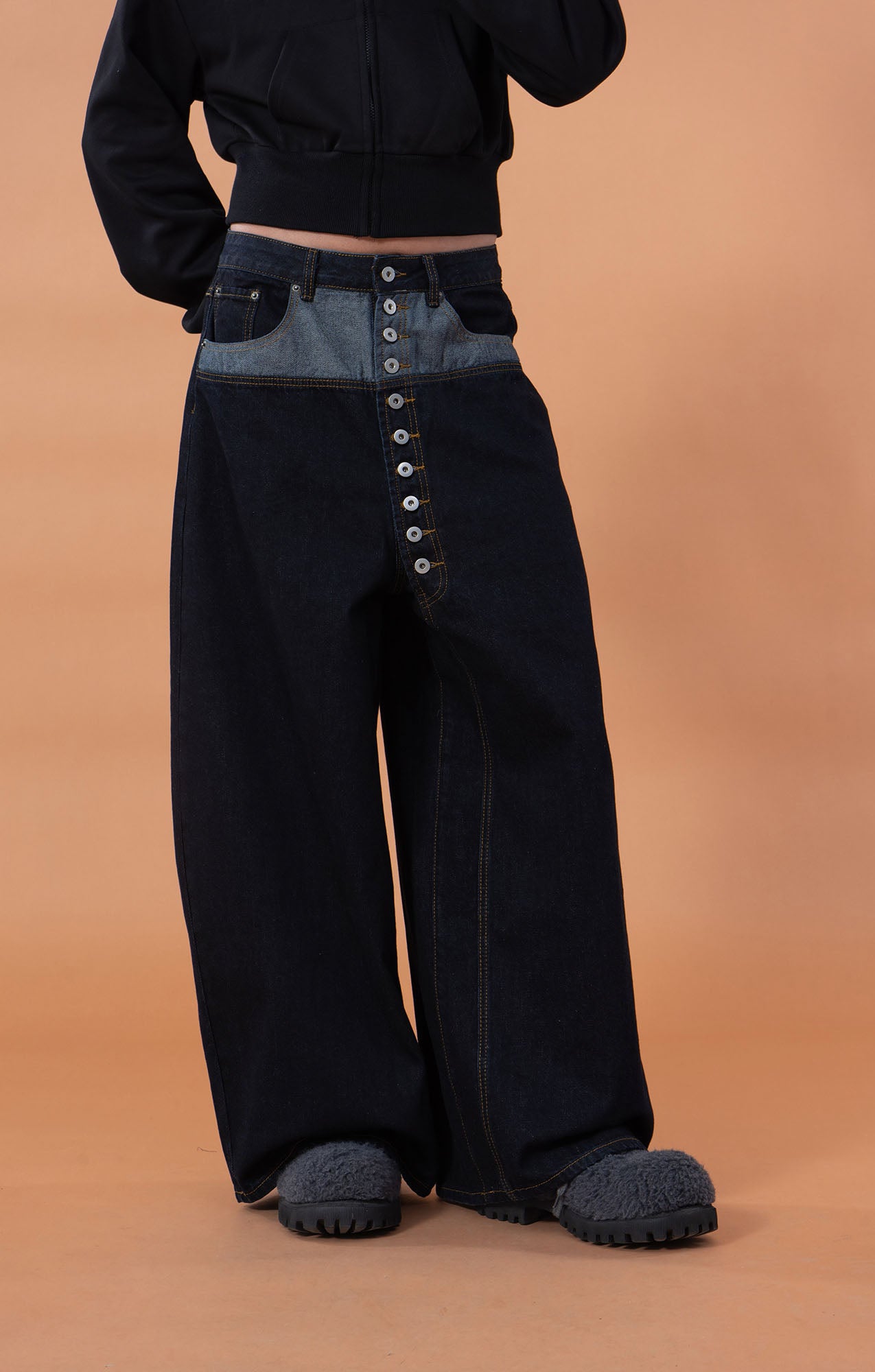 CLP Contrast-Waist Botton-Fly Oversized Raw Jeans, premium urban and streetwear designers apparel on PROJECTISR.com, CLP