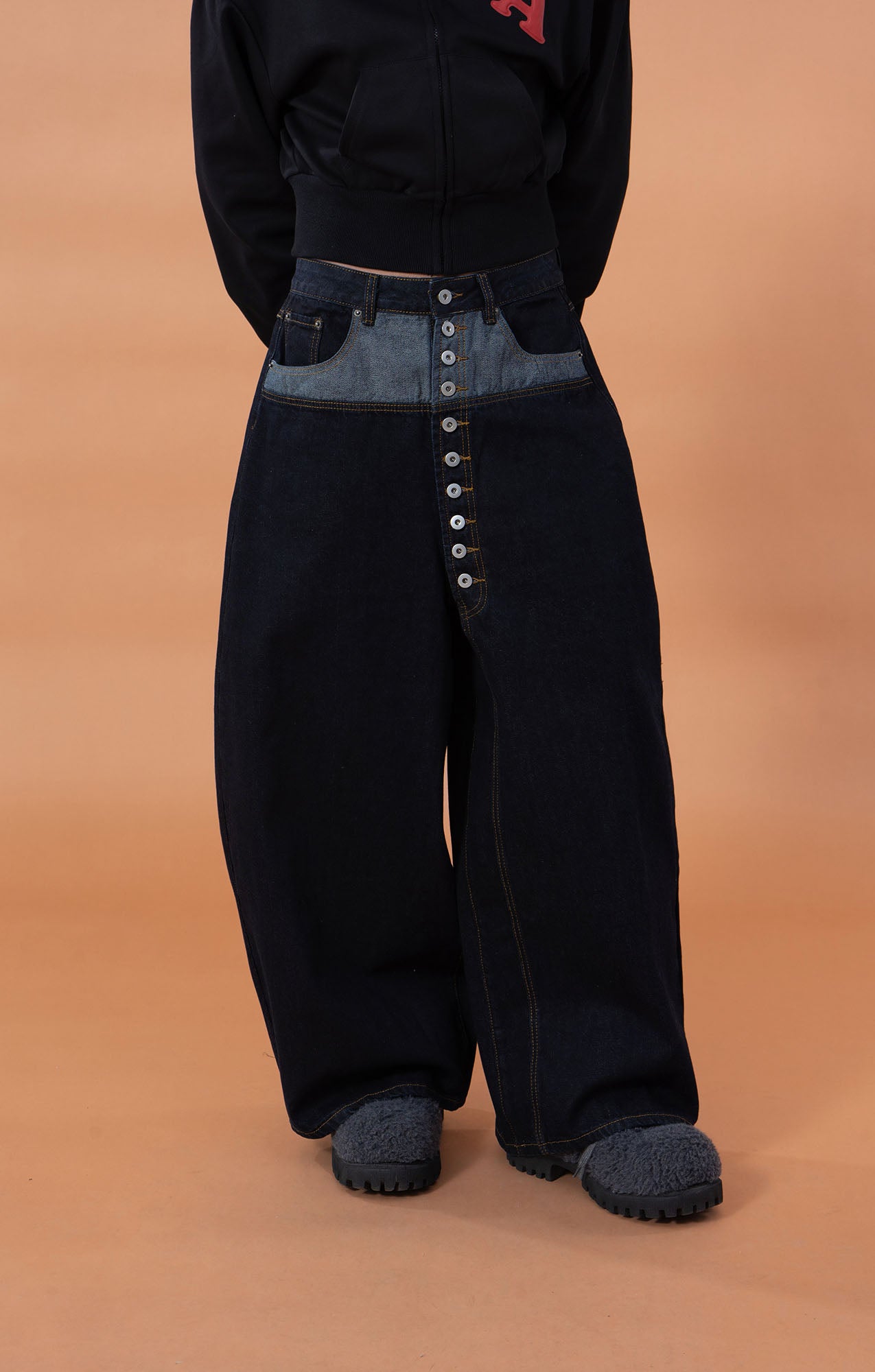 CLP Contrast-Waist Botton-Fly Oversized Raw Jeans, premium urban and streetwear designers apparel on PROJECTISR.com, CLP