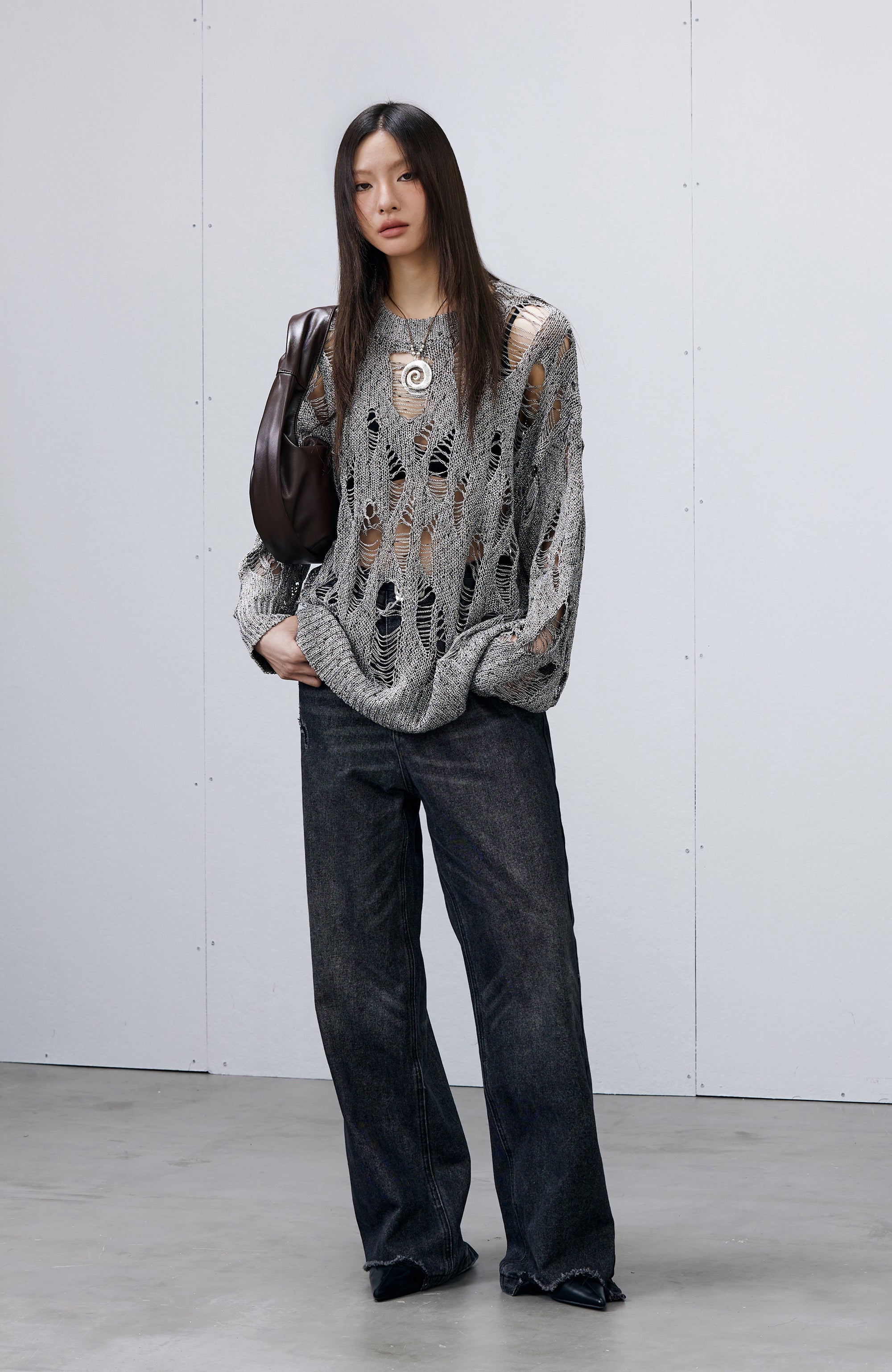 ROARINGWILD A ARCH Distressed Hollowed-Knit Sweater