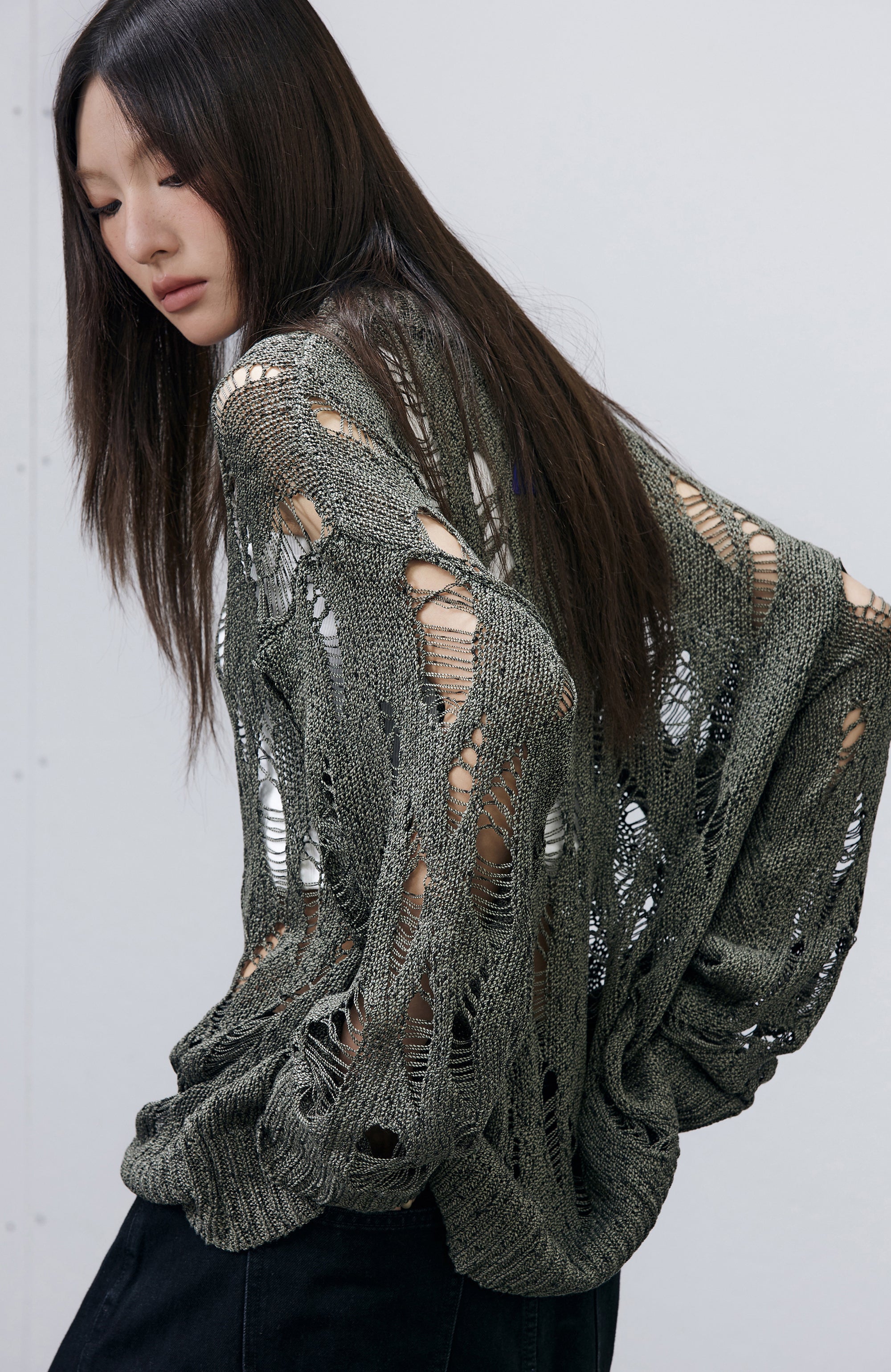 ROARINGWILD A ARCH Distressed Hollowed-Knit Sweater