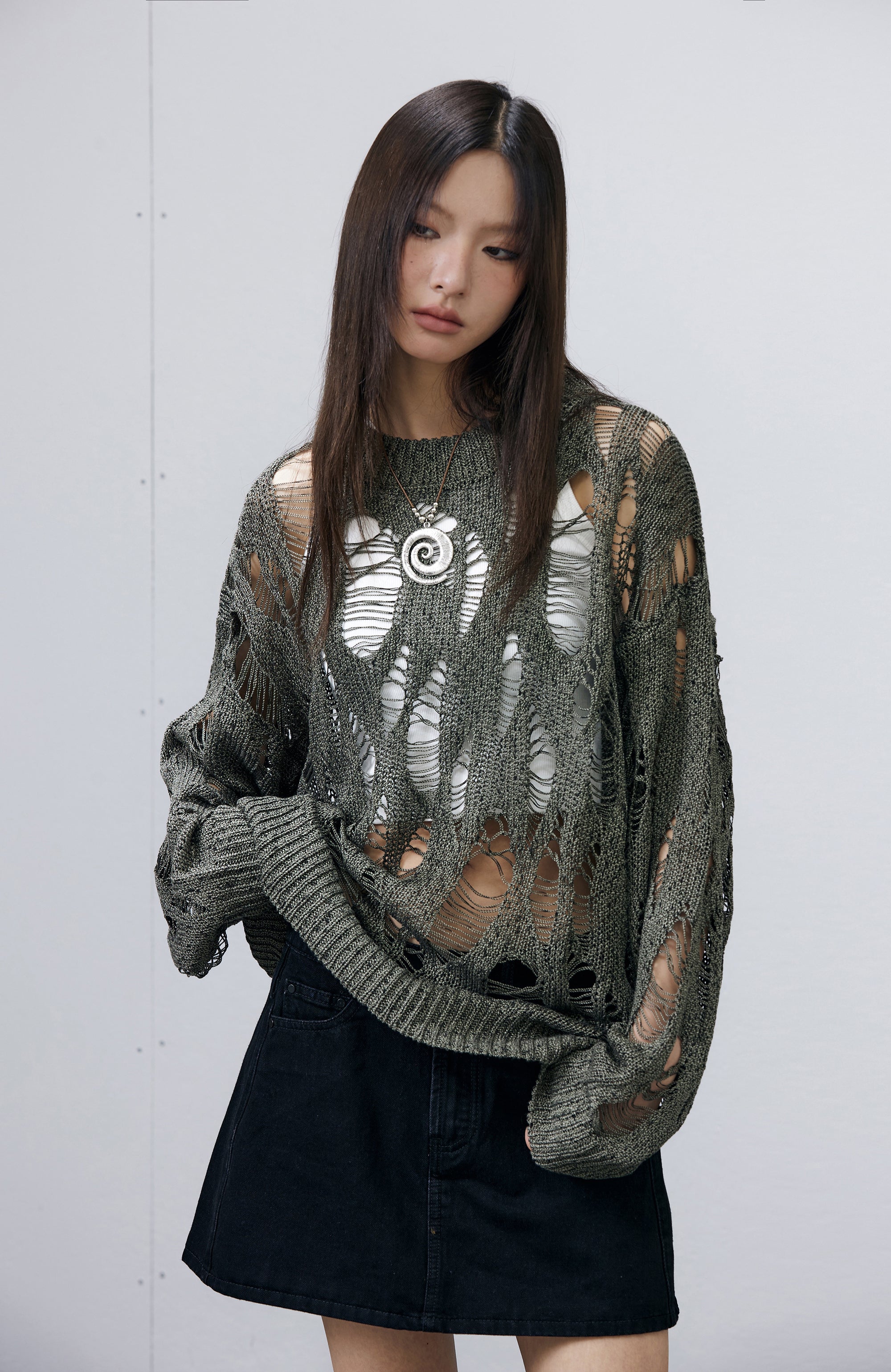 ROARINGWILD A ARCH Distressed Hollowed-Knit Sweater