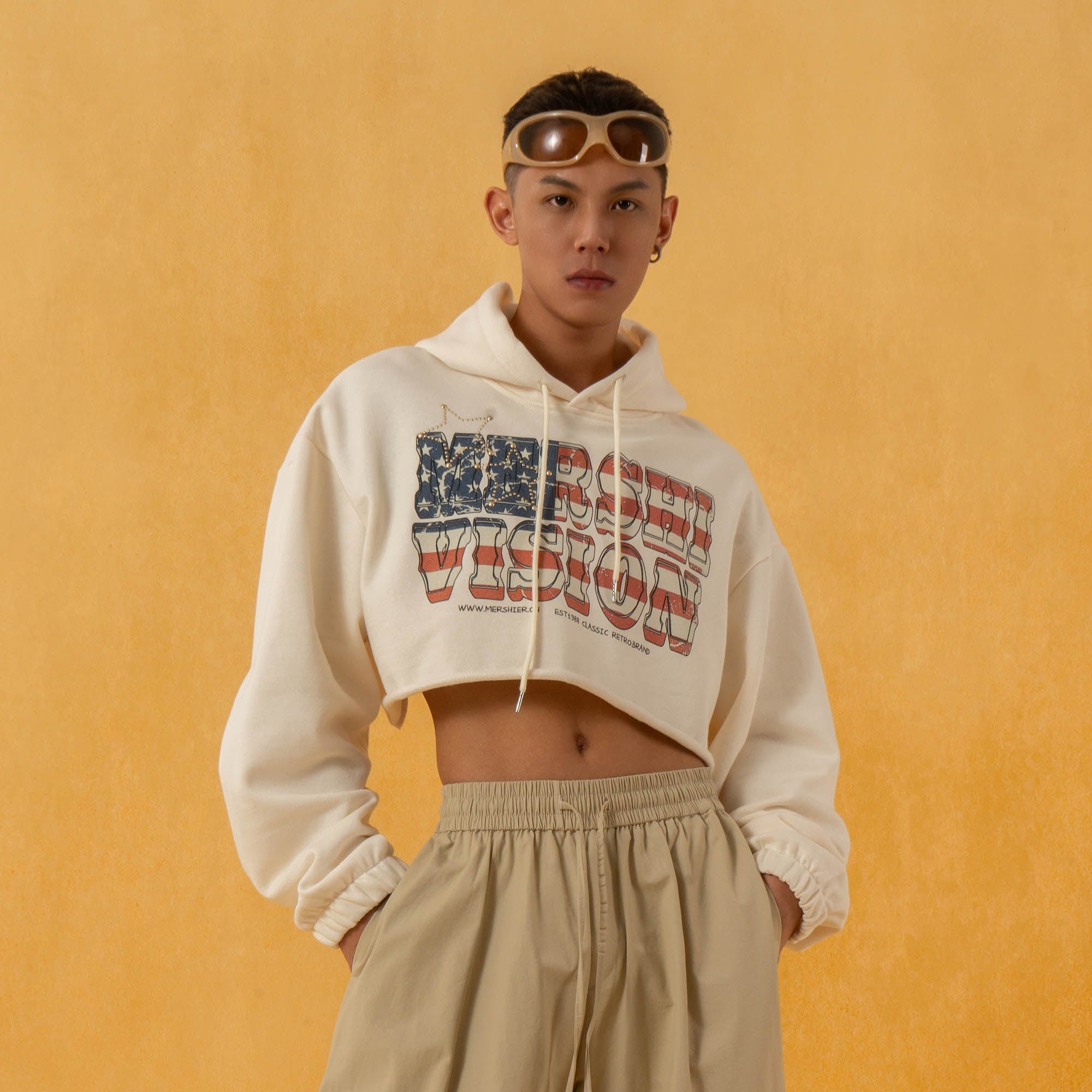 CLP American Flag Raw-Edge Cropped Hoodie