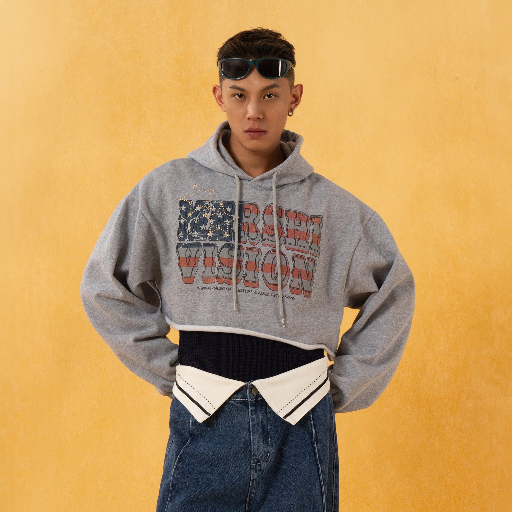 CLP American Flag Raw-Edge Cropped Hoodie