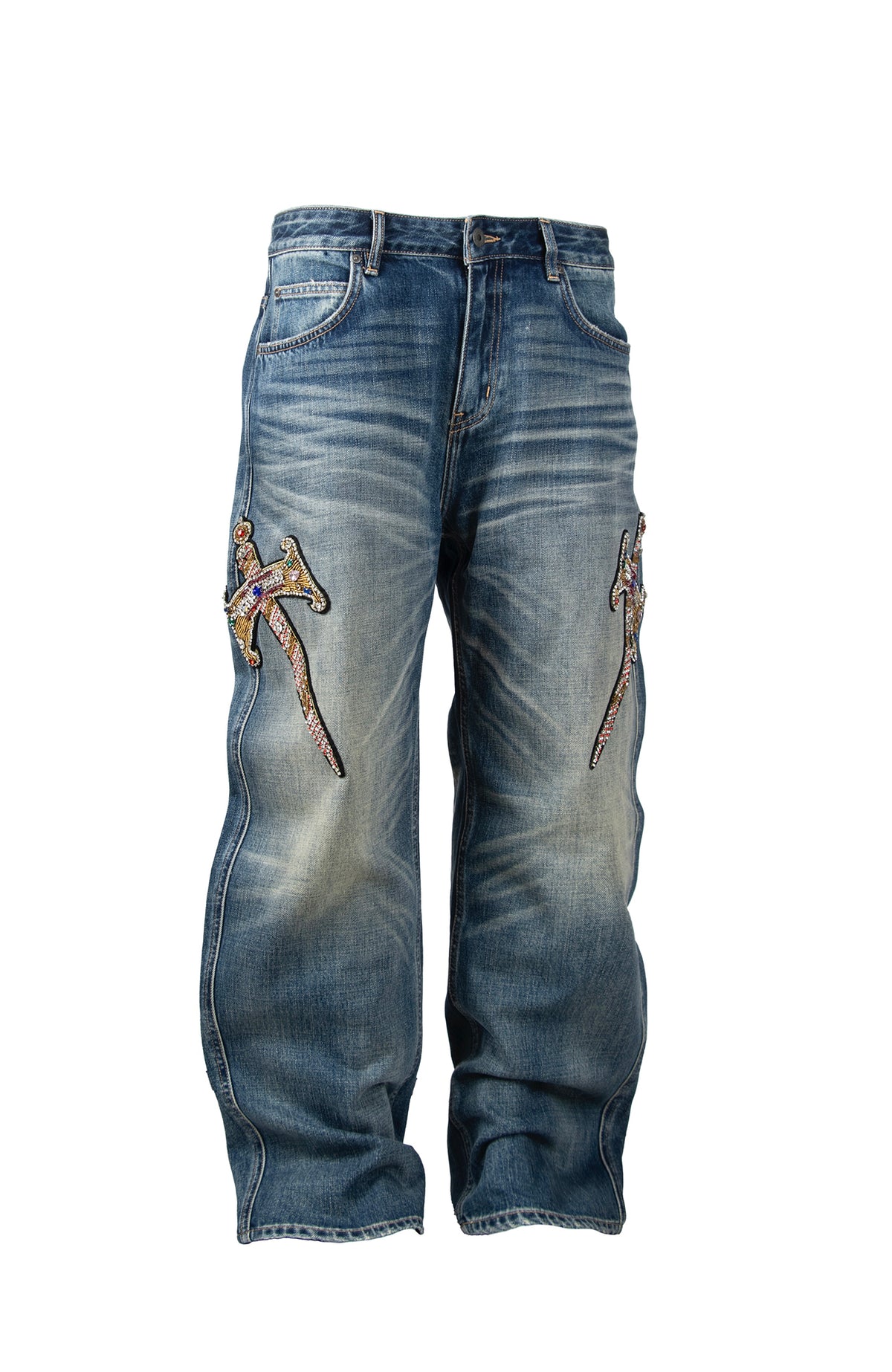 ZWDH Rhinestone Blade Embroidered Washed Straight-Leg Jeans