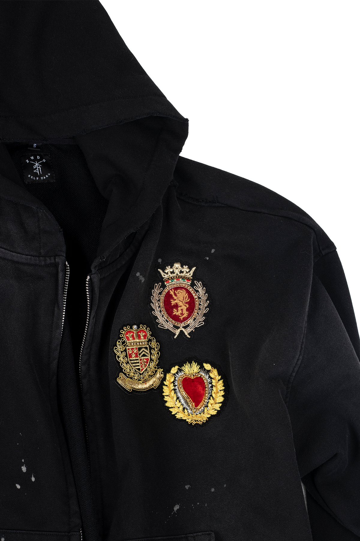 ZWDH Paint-Splattered Embroidered Badge Washed Hooded Jacket
