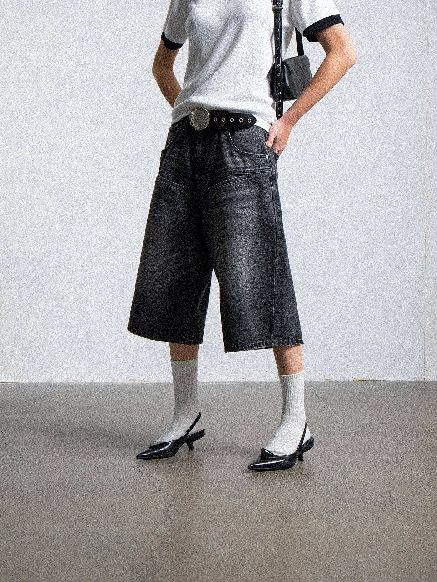 LEONSENSE Spliced Washed Oversized Jeans Shorts