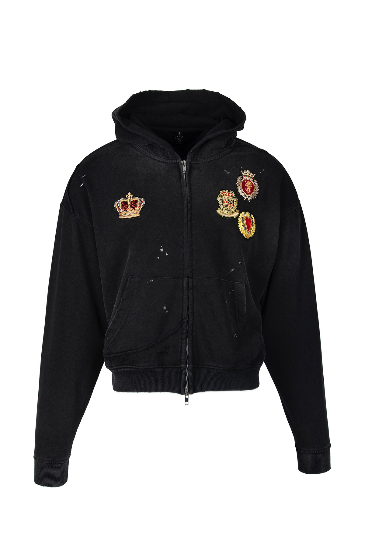 ZWDH Paint-Splattered Embroidered Badge Washed Hooded Jacket
