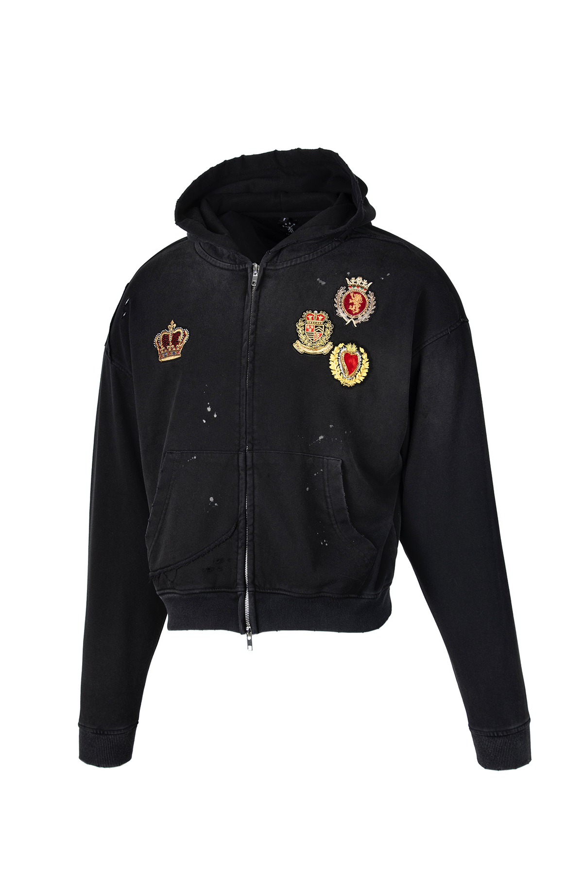ZWDH Paint-Splattered Embroidered Badge Washed Hooded Jacket