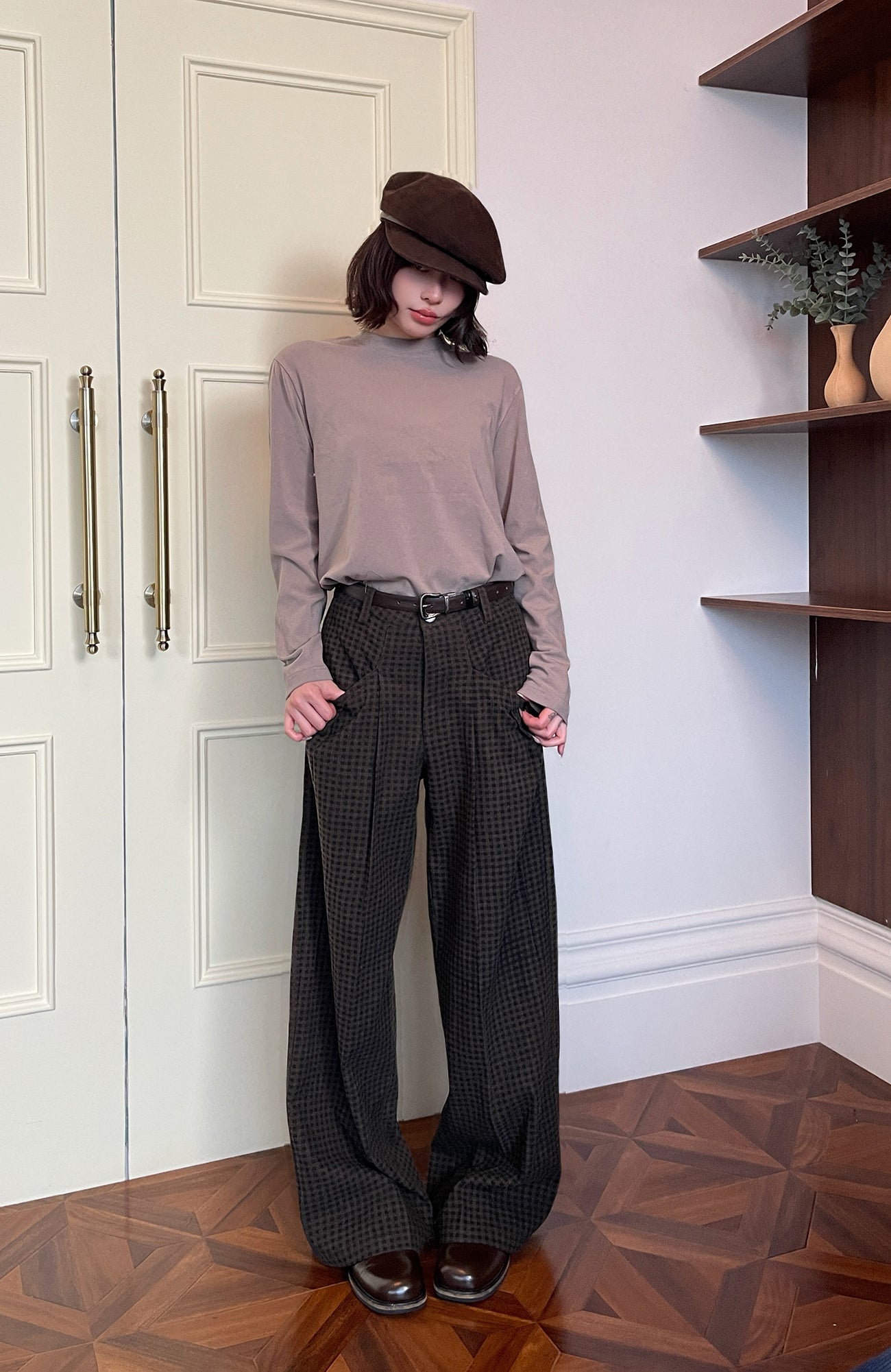 OKAYTHXBYE Retro Checks Double-Pleated Trousers