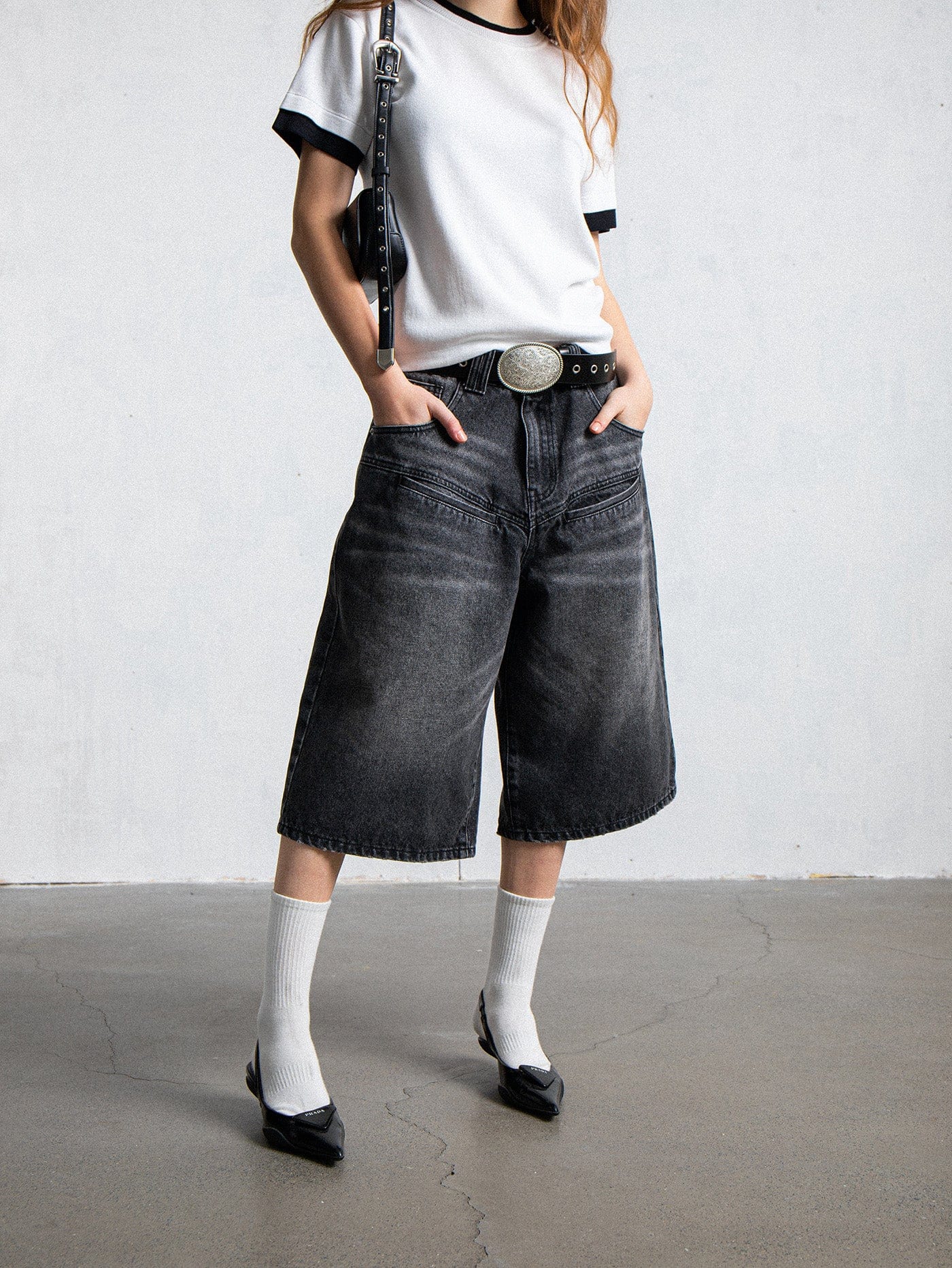 LEONSENSE Spliced Washed Oversized Jeans Shorts