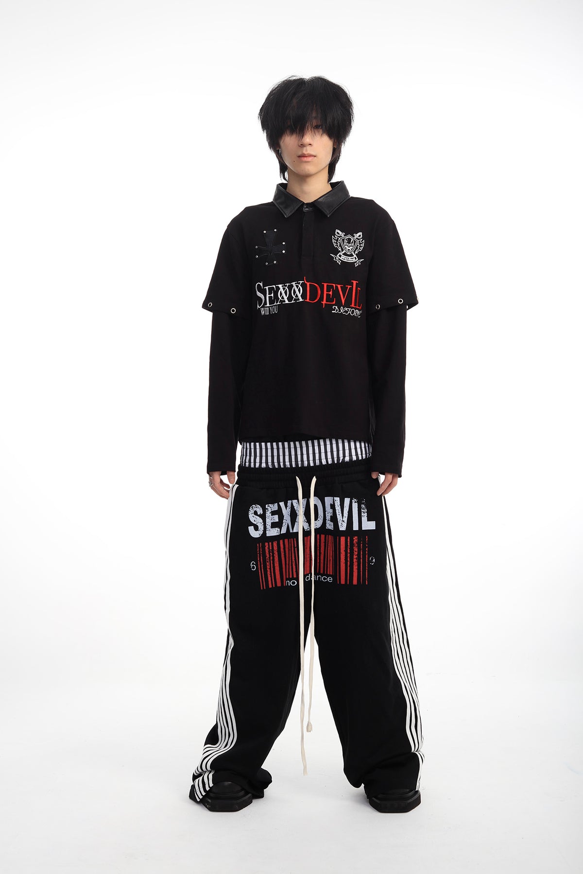 SEXXDEVIL Striped Embroidered Paint-Splattered Sweatpants