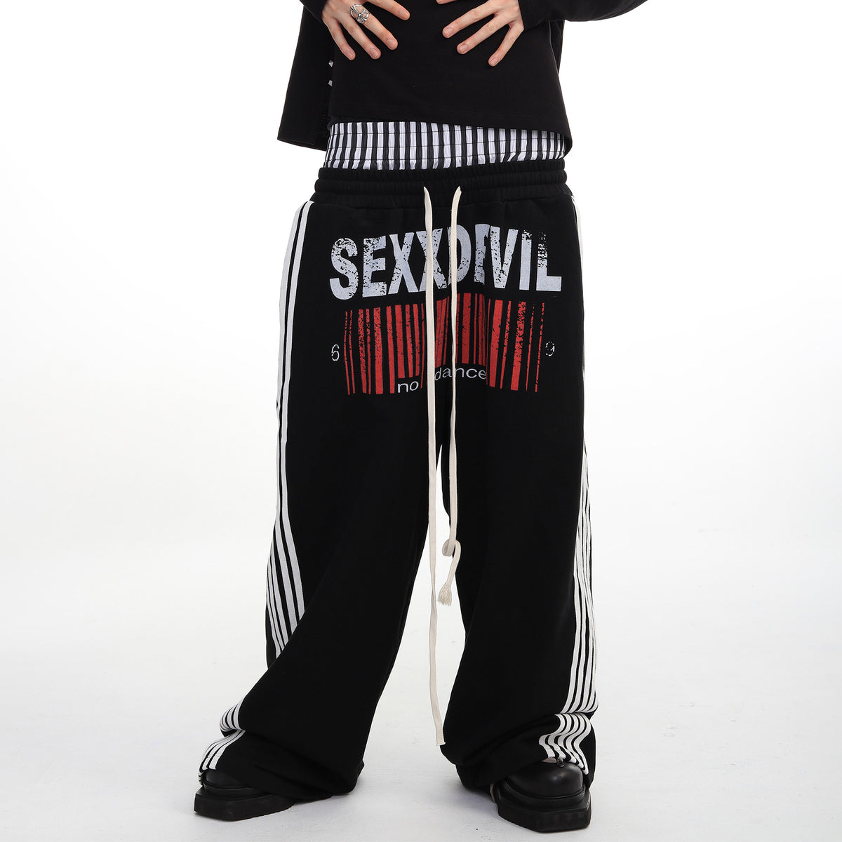 SEXXDEVIL Striped Embroidered Paint-Splattered Sweatpants