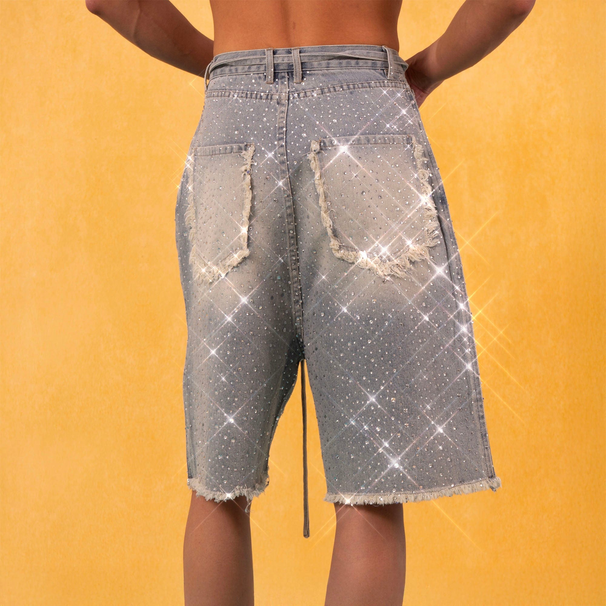 CLP Diamond Fringe Strap Belt Denim Shorts Blue