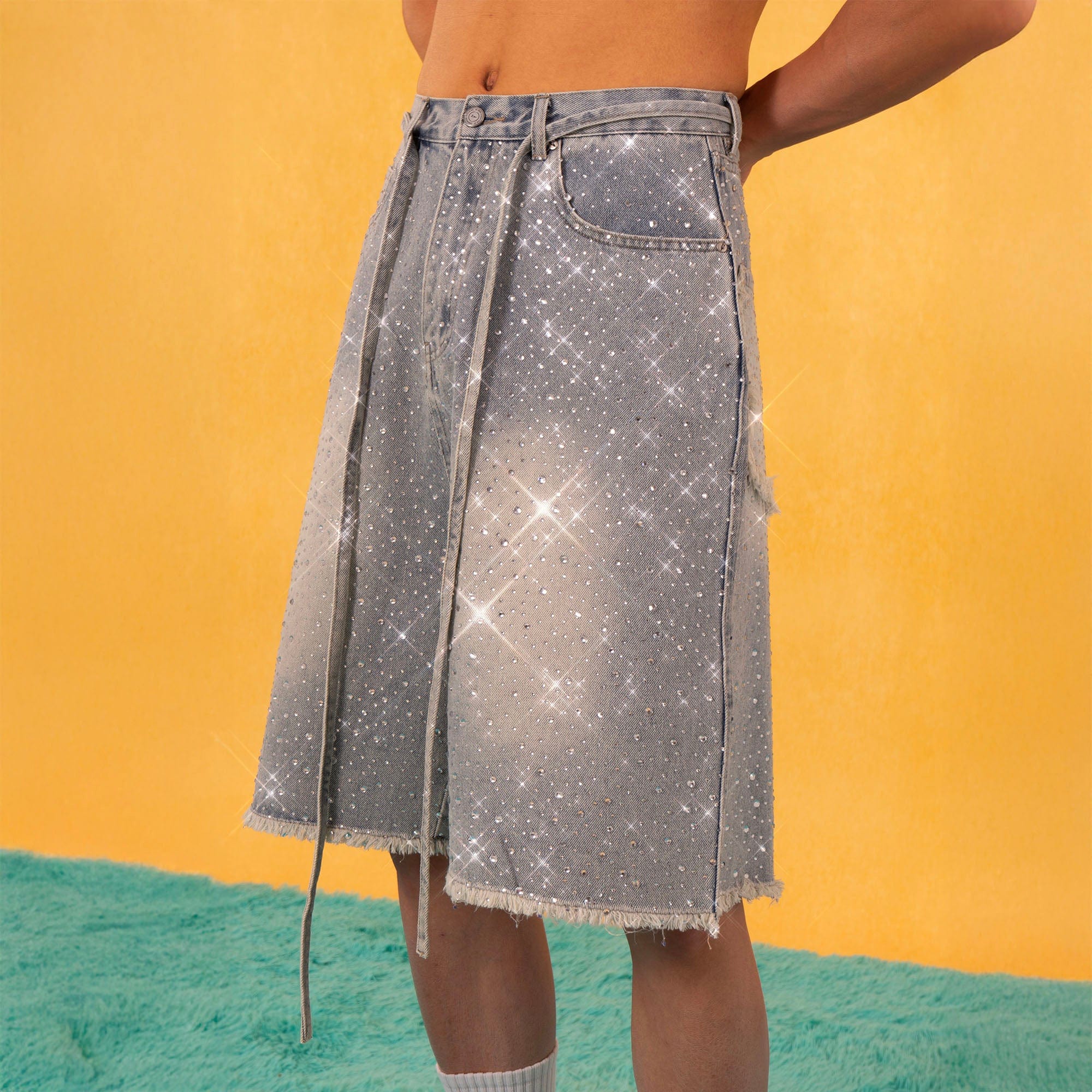 CLP Diamond Fringe Strap Belt Denim Shorts Blue