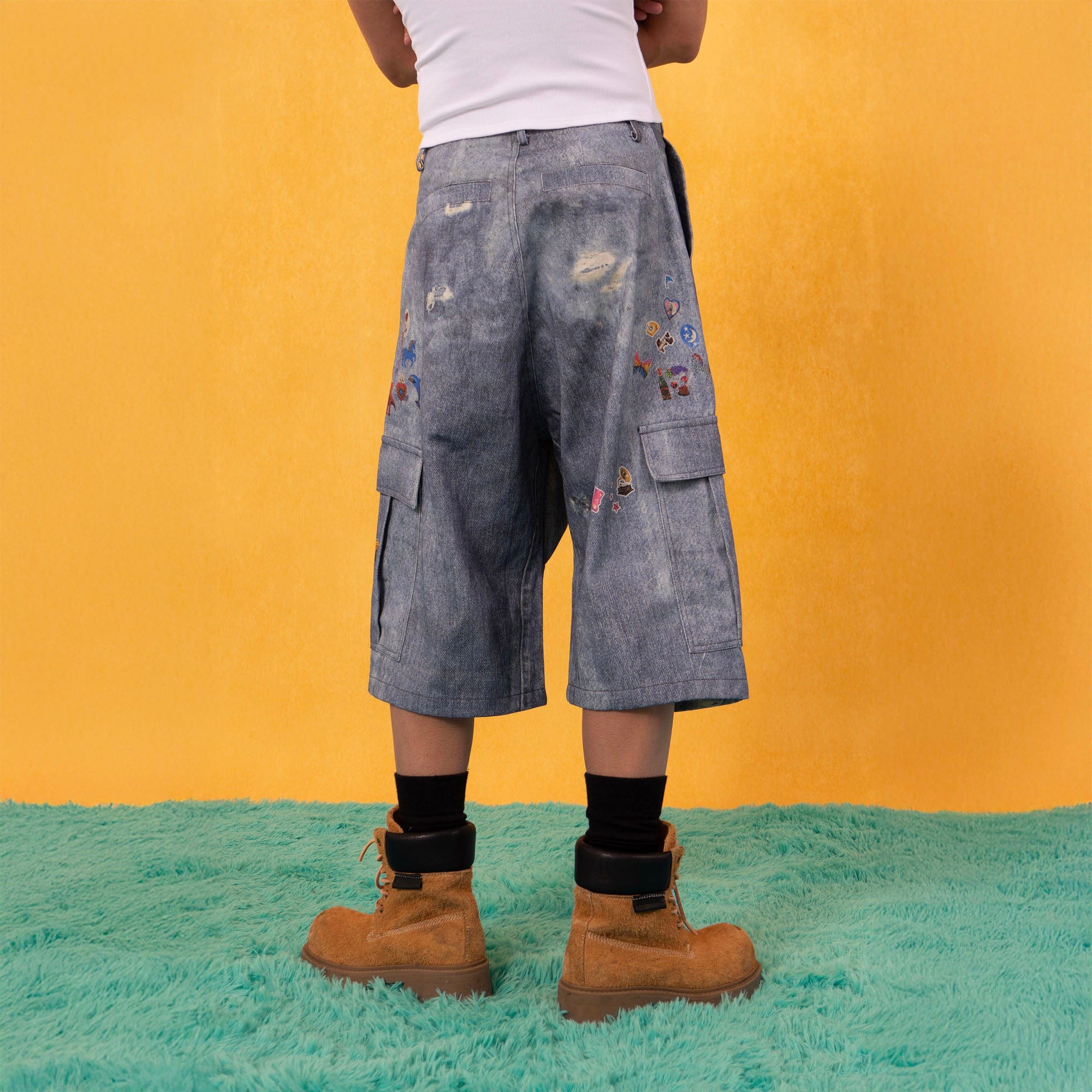 CLP Whimsical Distressed Stickers Cargo Denim Shorts, premium urban and streetwear designers apparel on PROJECTISR.com, CLP
