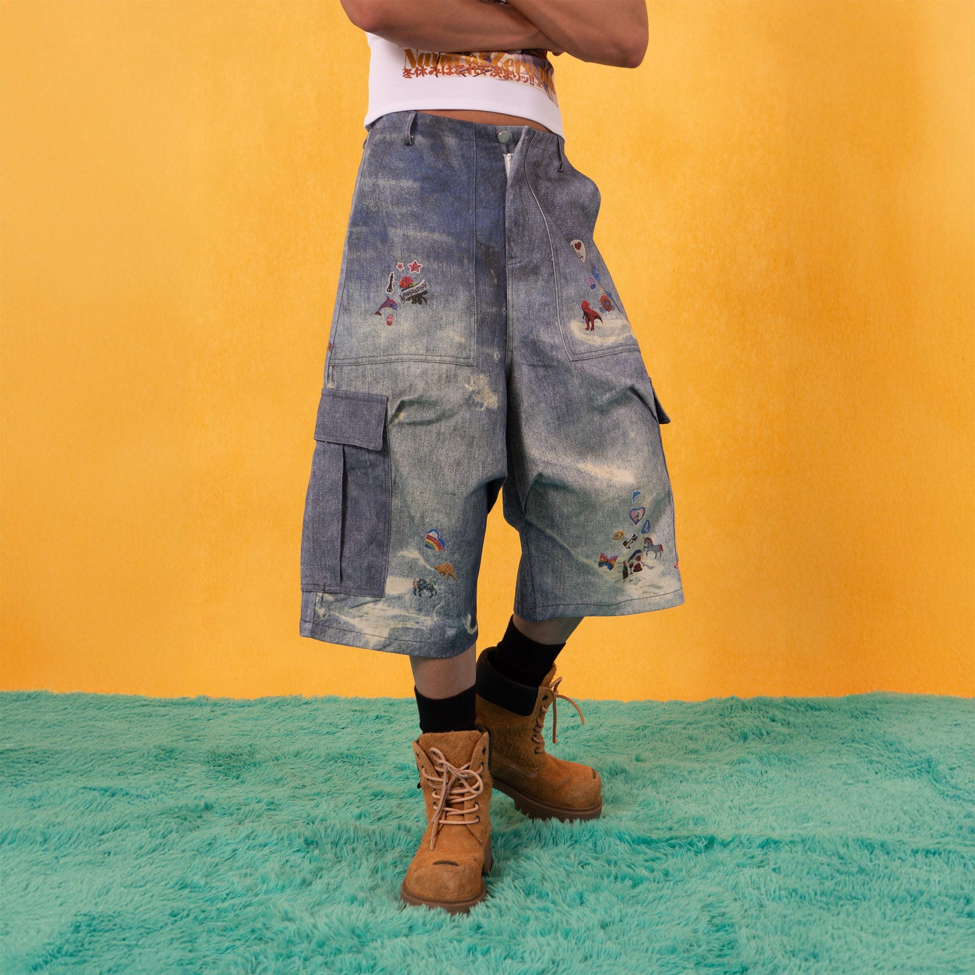 CLP Whimsical Distressed Stickers Cargo Denim Shorts, premium urban and streetwear designers apparel on PROJECTISR.com, CLP
